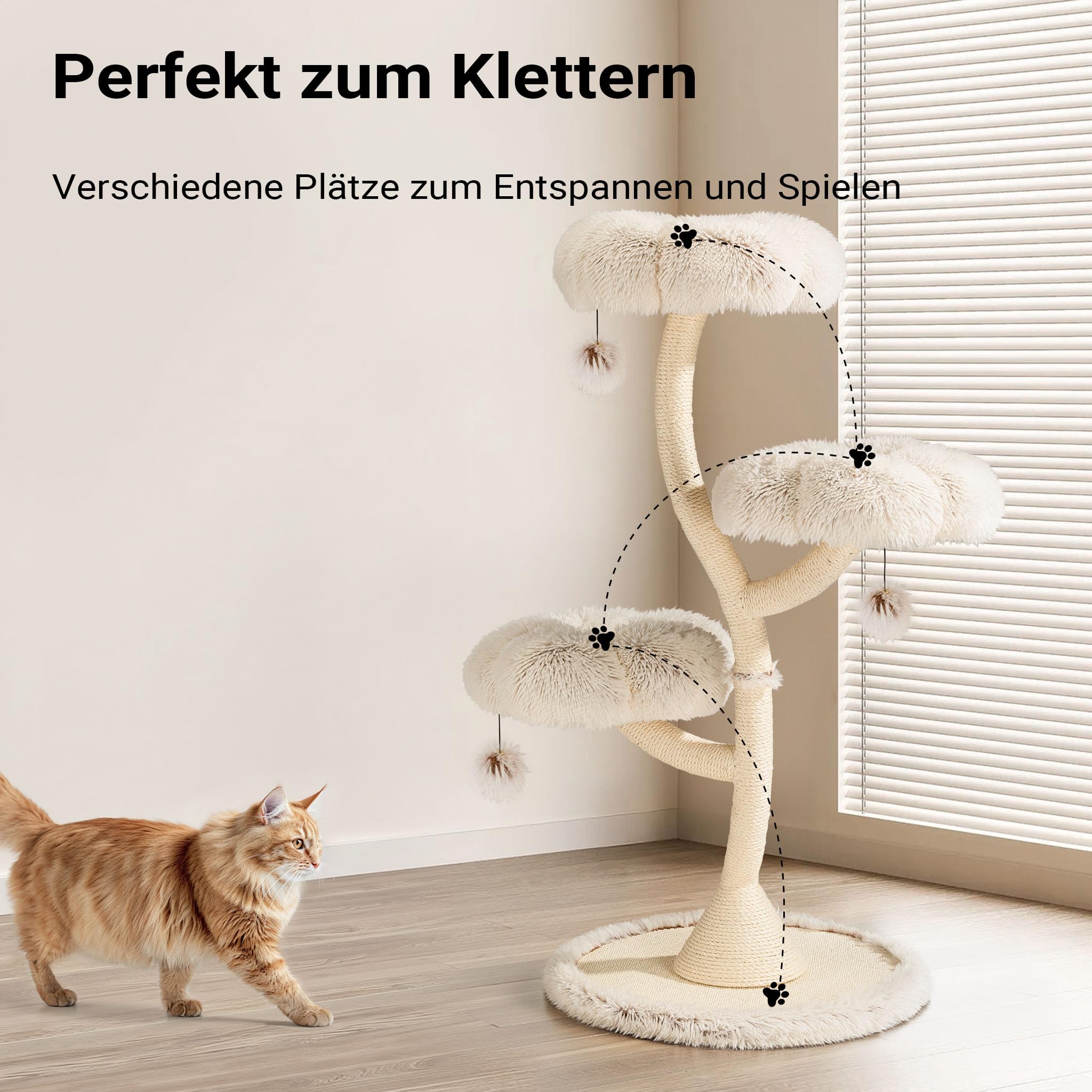 Fudajo Designer Kratzbaum mit Hängeliege, Katzenkratzbaum 59 x 59 x 169 cm, Katzenbaum bis max. 15 kg mit Sisal und Plüsch, Katzenmöbel mit 3 Etagen
