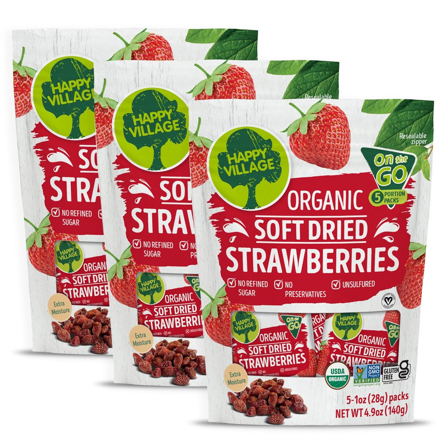 Happy Village Organic Whole Dried Strawberries, 18 OZ Resealable Pack - Soft & Juicy, Kosher, Non-GMO, No Refined Sugar, Apple Juice Infused Dried Strawberry