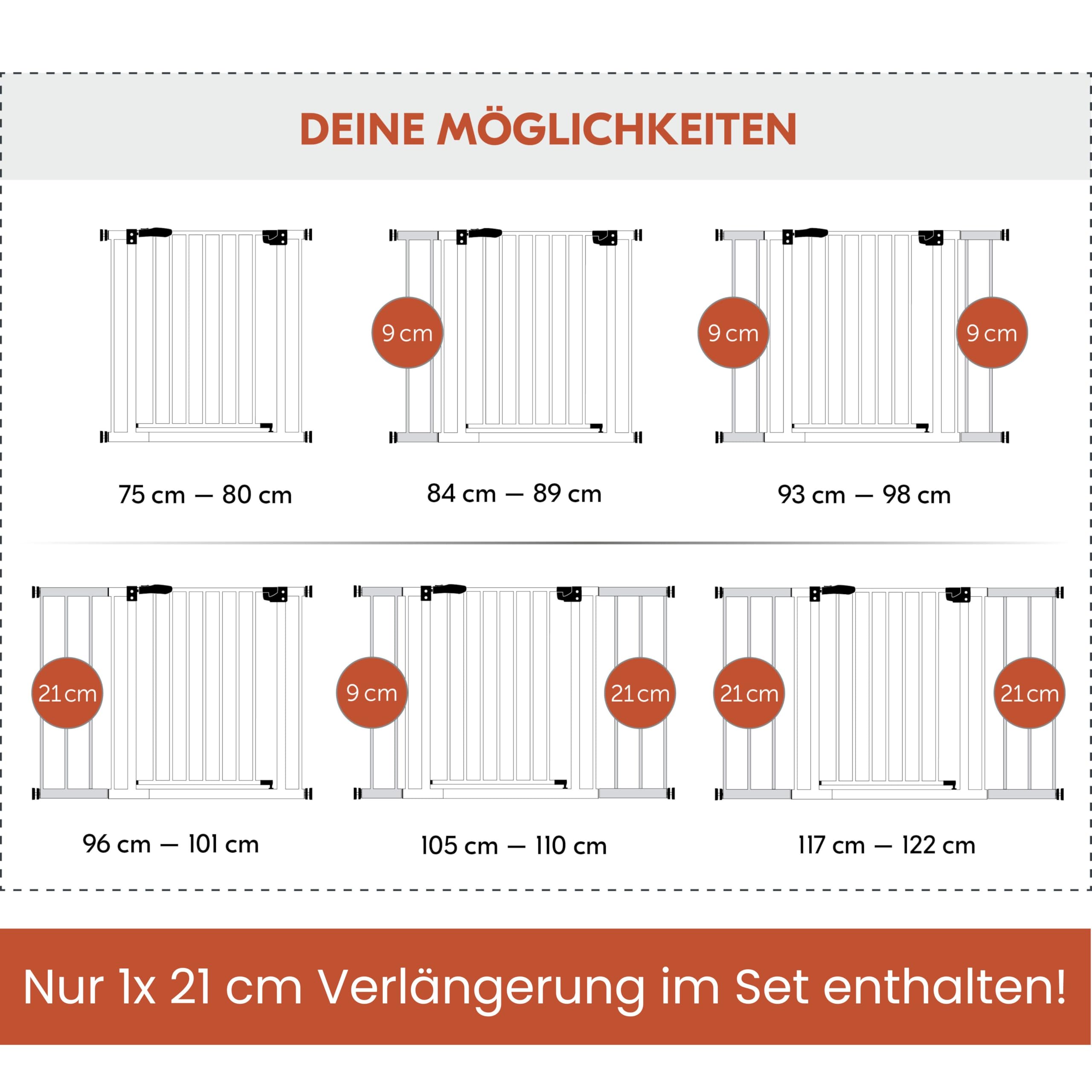 hauck Open N Stop 2 + 21 cm Verlängerung, Weiß - Kinderschutzgitter Hundegitter, Verstellbare Breite 96-101 cm, 77 cm Hoch, Beidseitige Einhand Öffnung, ohne Bohren, für Innen