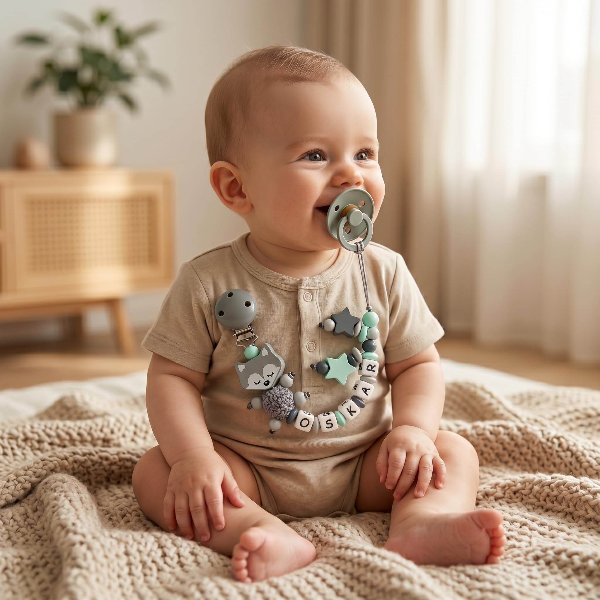 Schnullerband mit Namen für Mädchen & Jungen personalisierte Baby Geschenke (Blau)