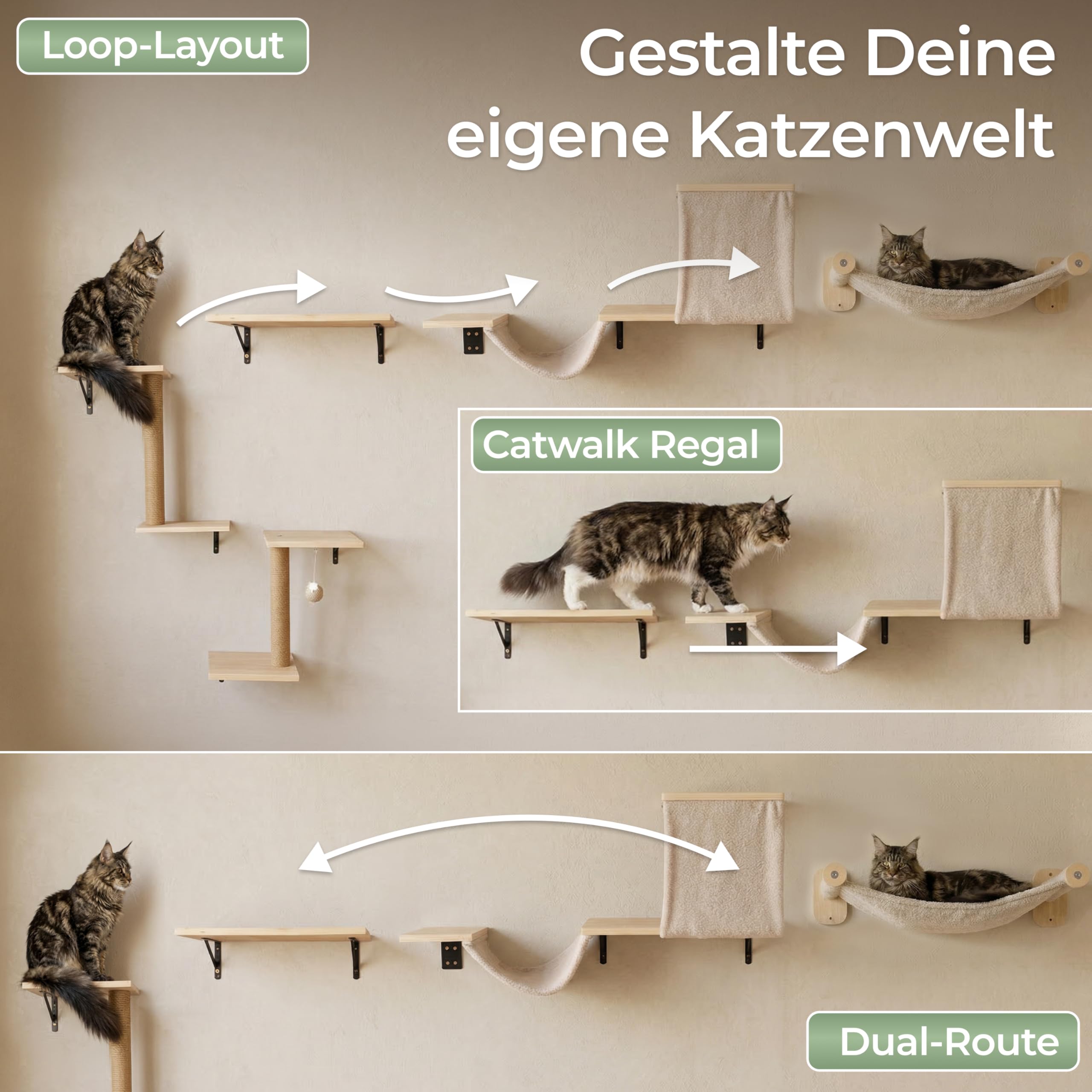 WOOWOOD® 2X Kletterwand Katzen - 3X Katzentreppe Wand [Beste Stabilität] - Kratzbaum Wand, Hängematte Katze, Wandkratzbaum, Katzenmöbel, Katzenwand, Katzen Kletterwand Set (5 teilig)