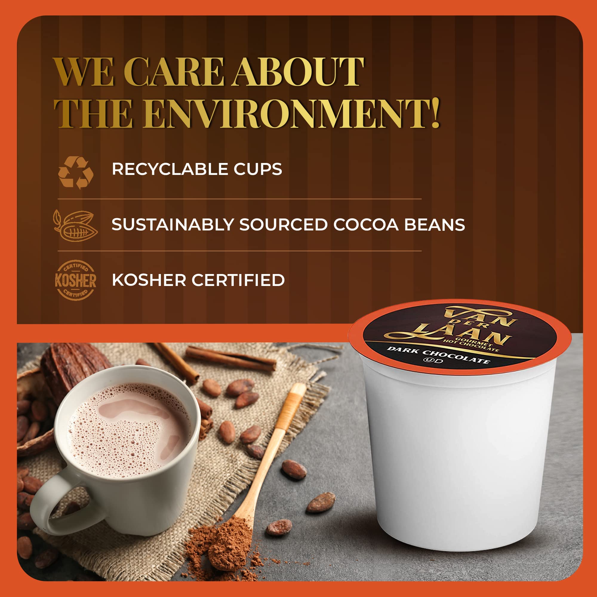 Van Der Laan Chocolate Hot Cocoa Pods, Dark Chocolate Gourmet Dutch Chocolate Compatible with K Cup Brewers Including 2.0, 40 Count