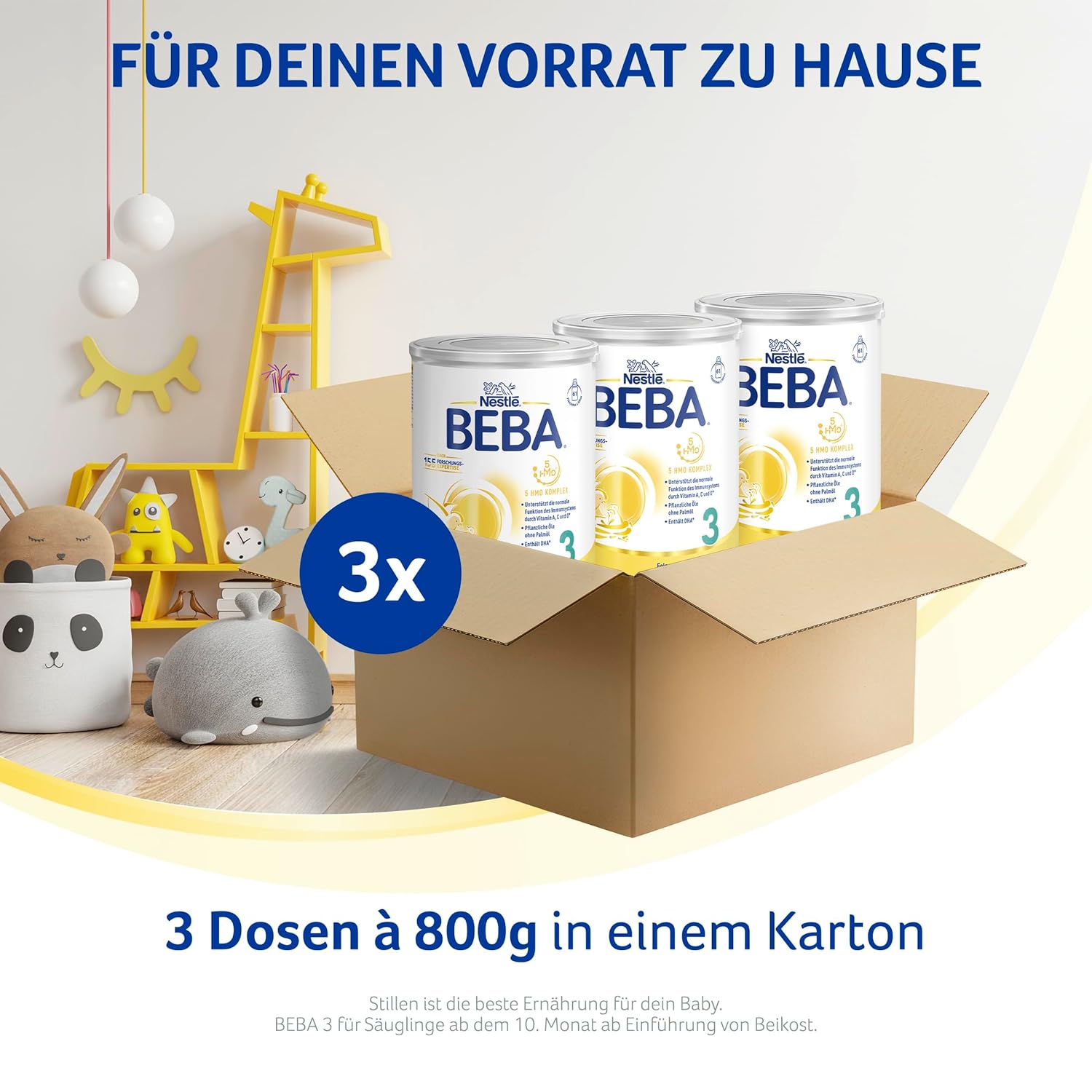 BEBA 3 - Folgemilch ab dem 10. Monat, Mit 5 HMO Komplex, Altersgerecht angepasster Proteingehalt, Nur Laktose, Ohne Palmöl, Ohne Fischöl, Babynahrung, Baby-Milchpulver, 3er Pack (3 x 800g)