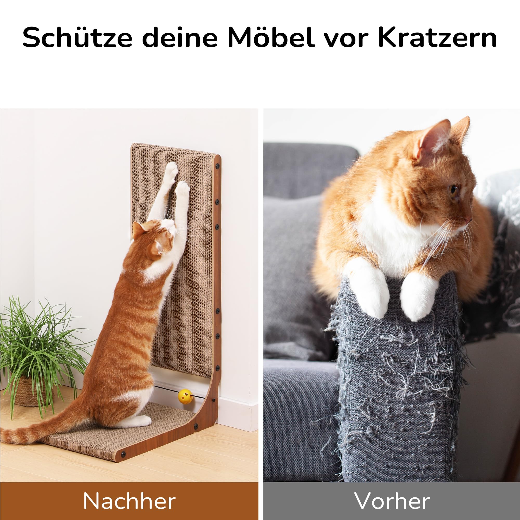FUKUMARU Kratzbrett Katzen, 68 cm hohe L förmige Kratzpappe für Katzen, widerstandsfähig Katzenkratzbrett mit Ballspielzeug, Kratzmöbel aus hochwertiger Karton für Wand und Ecke, Groß