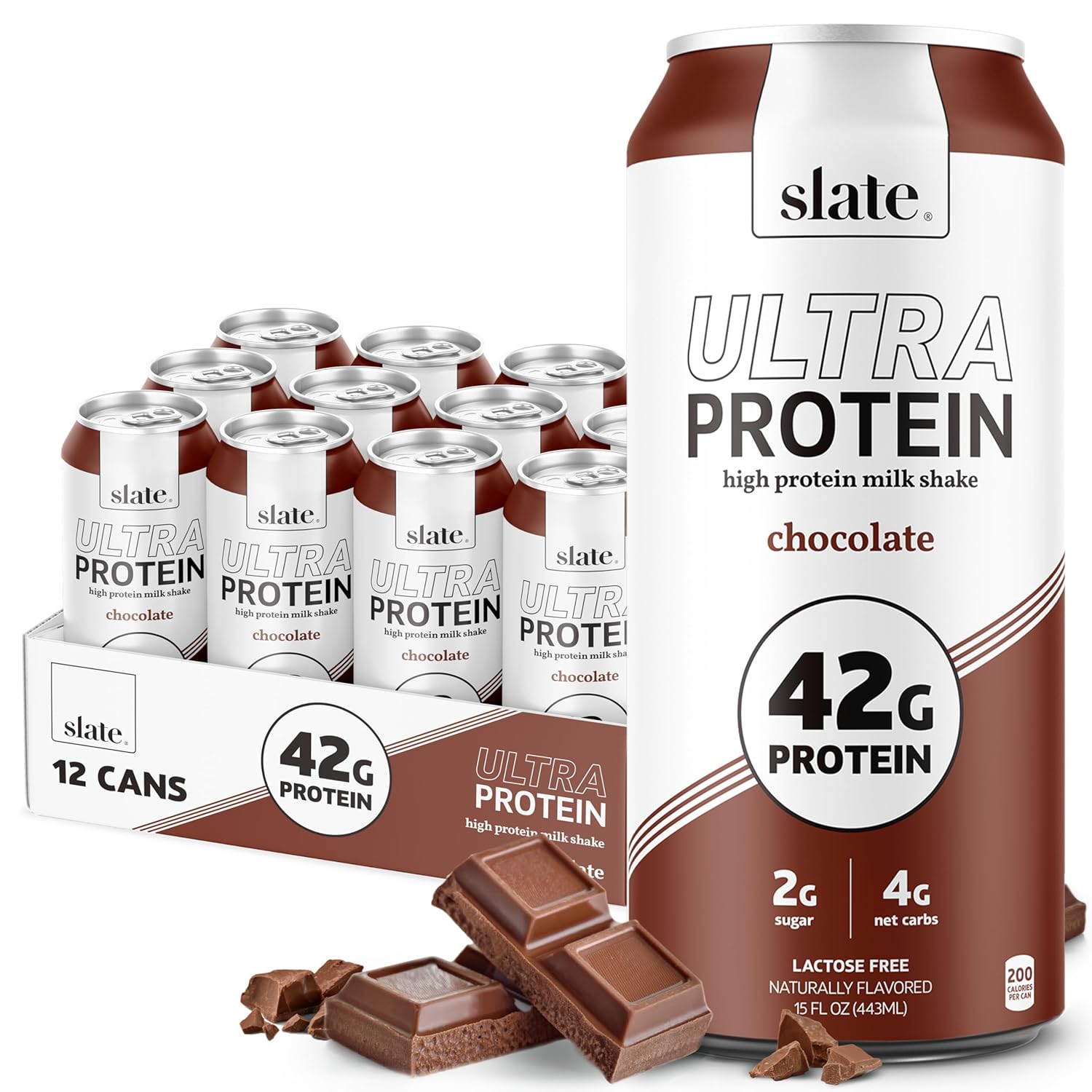 Slate Milk - Ultra Protein Shake - Vanilla - 42g Protein, 1g Sugar, 180 Calories, 1g Net Carbs - Lactose Free, No Added Sugar - Made with Ultra Filtered Milk - Breakfast Boost, Post Workout - 15 fl oz, 12 Cans