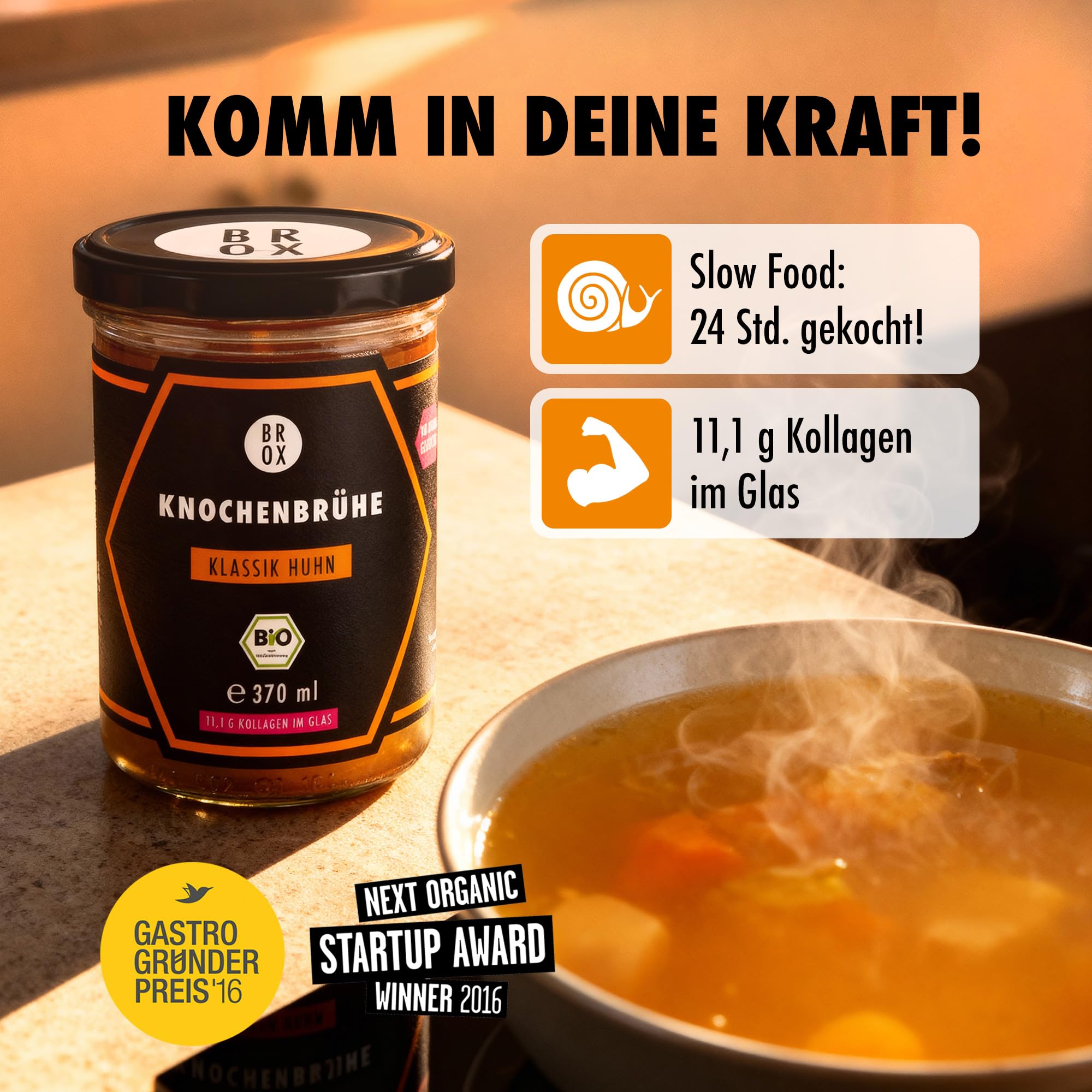 BROX Knochenbrühe Rind Bio [6x370ml] – 24 Std. gekocht, Deutschland – Kollagen & Aminosäuren – Rinderbrühe aus Weidehaltung – Premium Bone Broth