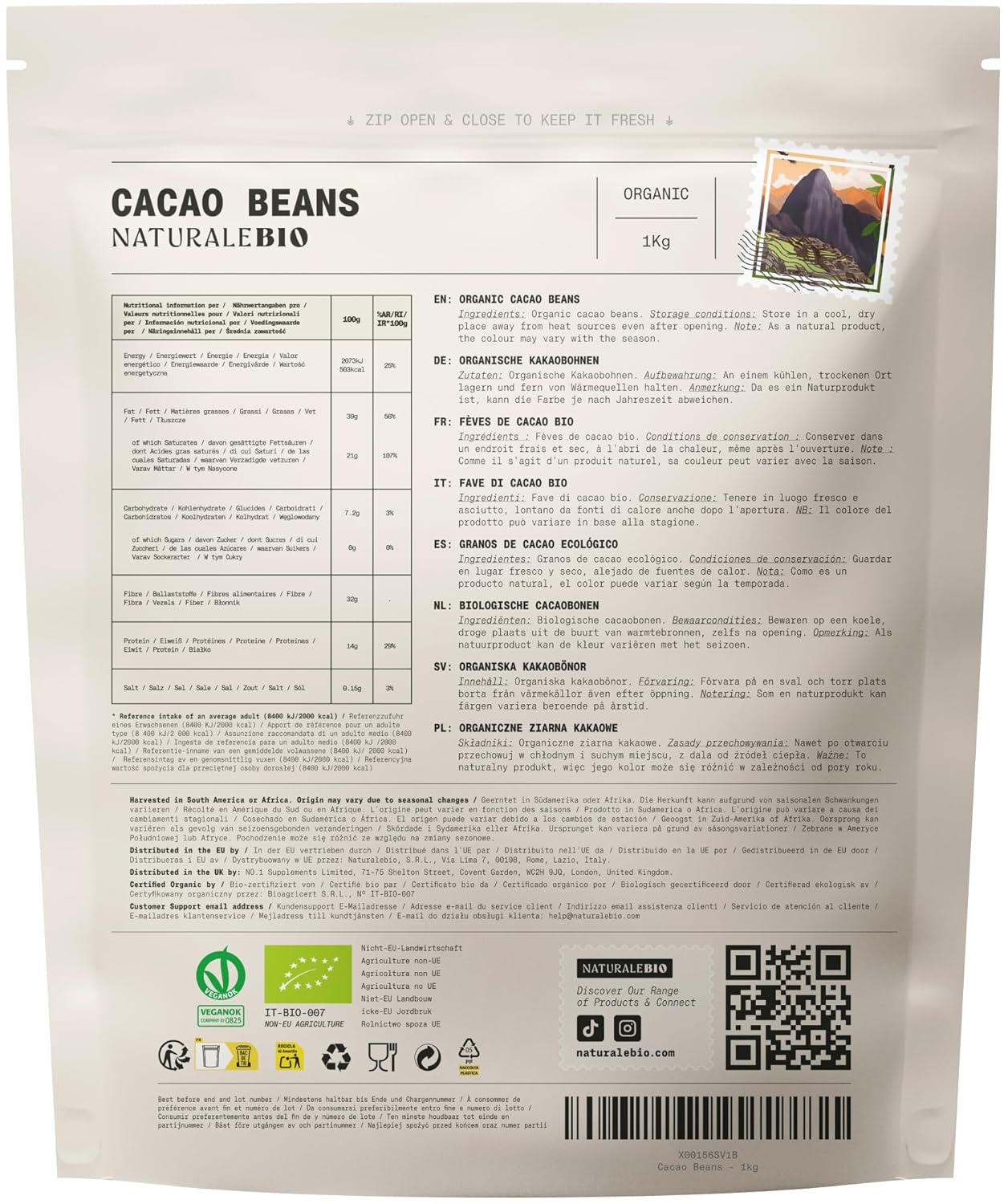 NaturaleBio Kakao Pulver Bio 1kg. Organic Cacao Pulver, Roh & Ungesüßt, Ideal für Getränke, Smoothies & Backen, Reich an Magnesium & Phosphor, Geprüft auf Schwermetalle