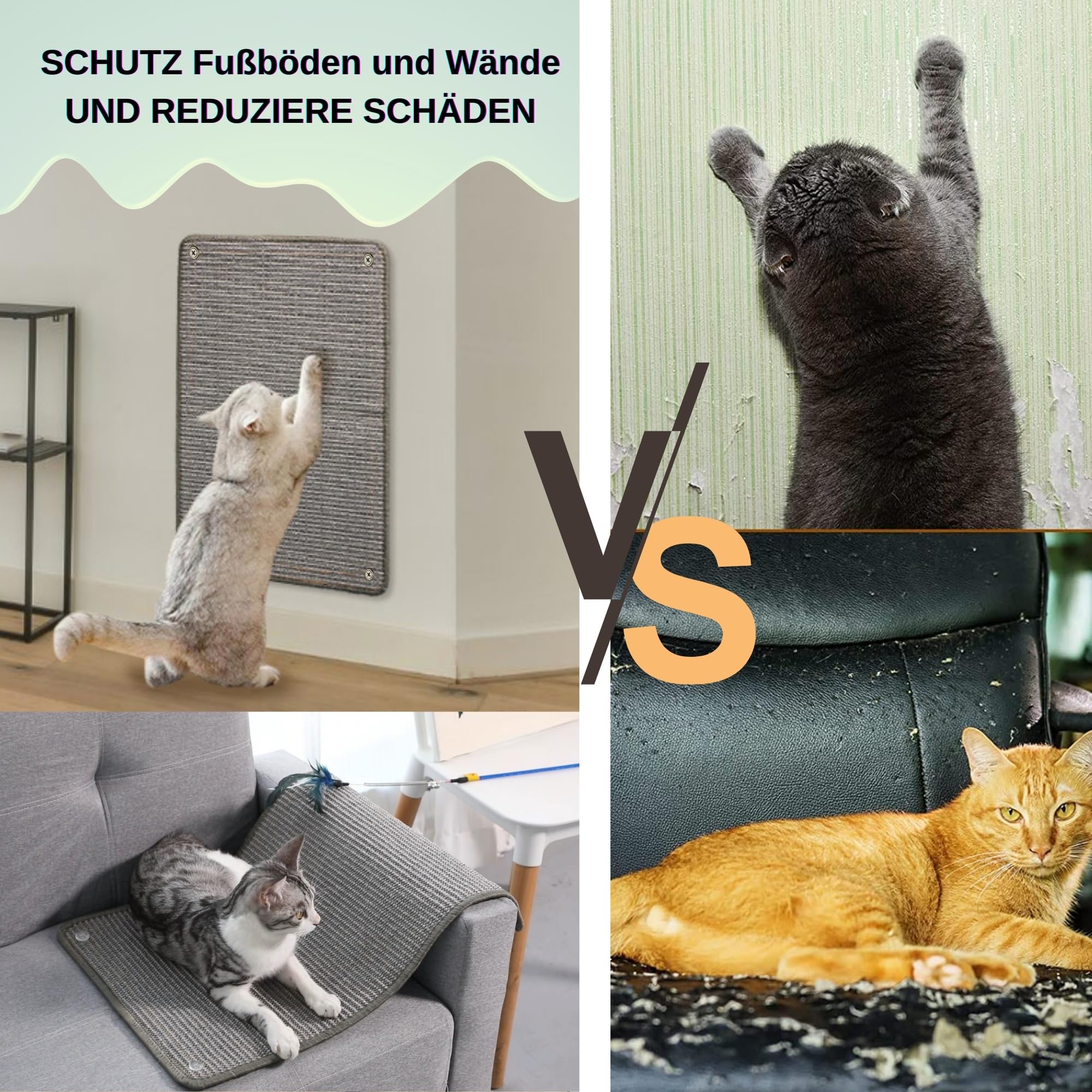 2 Stück Kratzmatte aus Sisal, Kratzmatte für Katzen, mit Klebeband, Katzenkratzmatte, Teppich zum Schutz der Wand, 60 × 25 cm (Braun)