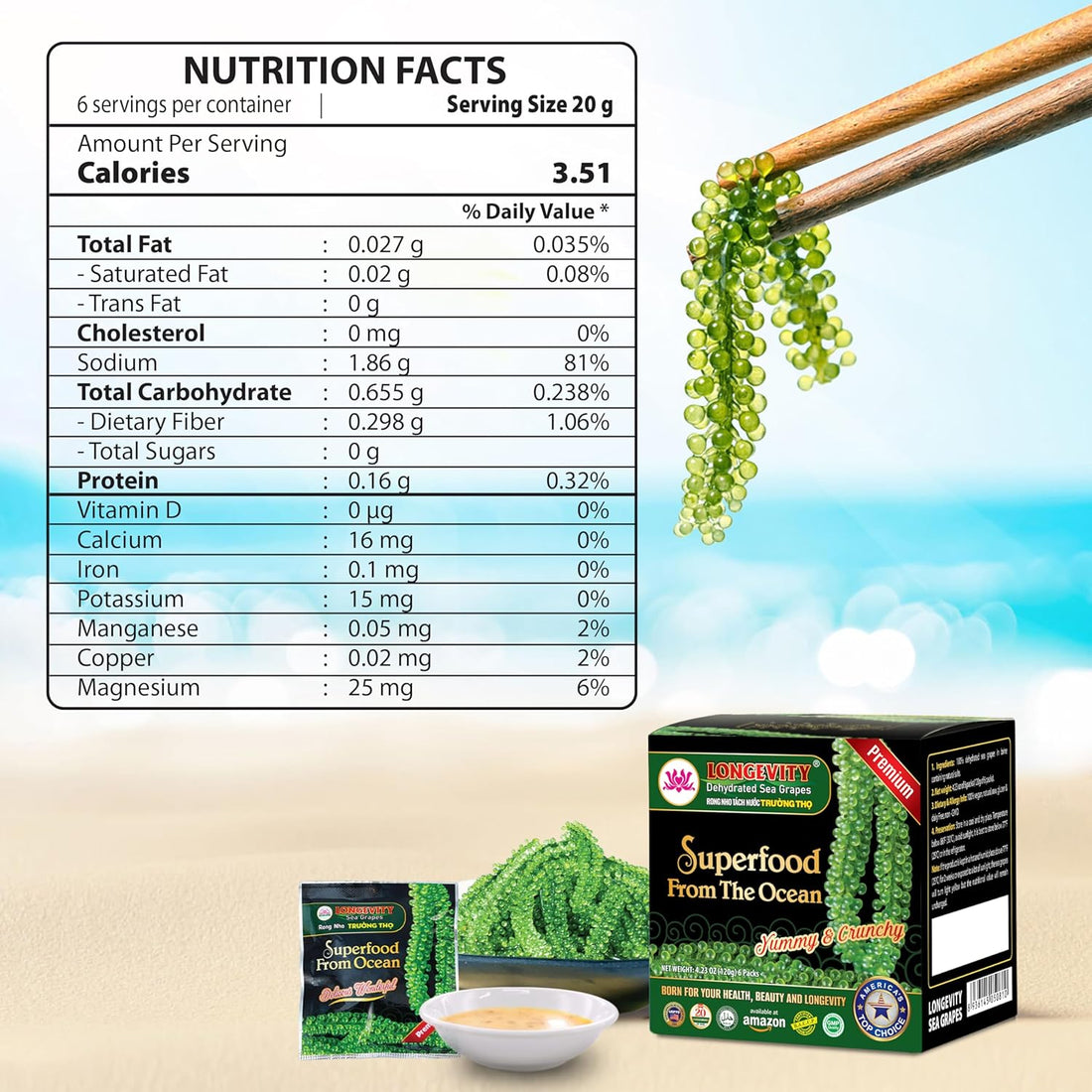 Longevity Meerestraube | Sea Grapes | Umibudo Grape Seaweed 6 x 20G | Rohkost | veganer Kaviar | für knackige Salate