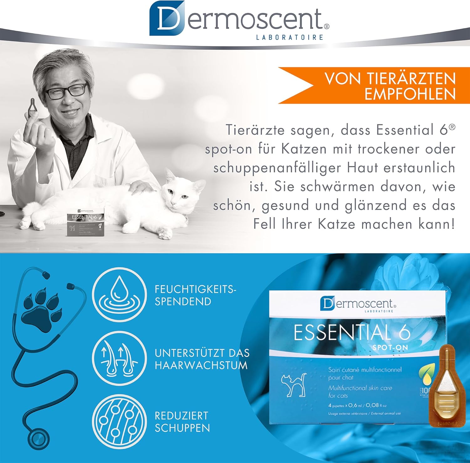 Essential 6 Spot-On | Innovatives Hautpflegeprodukt für Katzen | Hält die Haut feucht, das Fell glänzend, kontrolliert den Haarausfall, reduziert Gerüche und schützt mit natürlichen Inhaltsstoffen