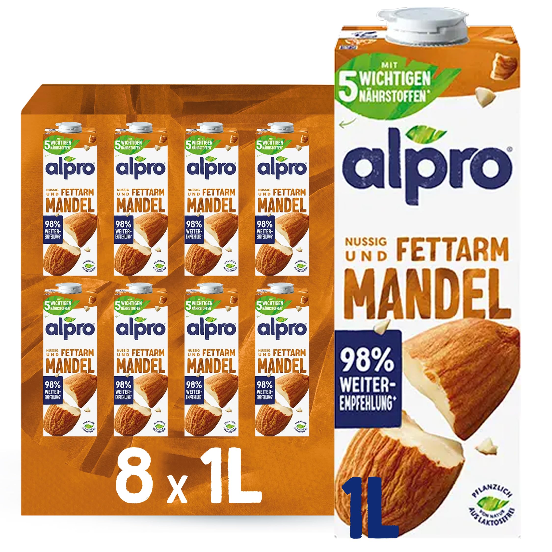 Alpro Mandeldrink Ohne Zucker – Quelle von Calcium und Vitaminen – Zuckerfrei, glutenfrei, fettarm, ohne Laktose, vegan und milchfrei – 8 x 1 L – Haltbar