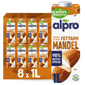 Alpro Mandeldrink Ohne Zucker – Quelle von Calcium und Vitaminen – Zuckerfrei, glutenfrei, fettarm, ohne Laktose, vegan und milchfrei – 8 x 1 L – Haltbar