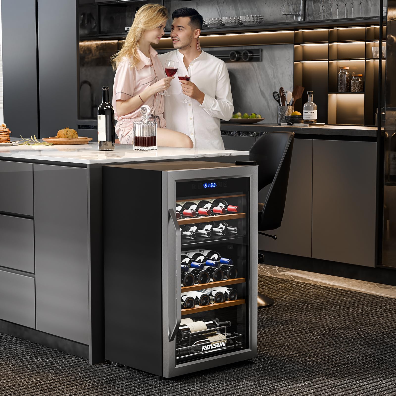 ROVSUN 18 Bottle Wine Fridge, Freestanding Compressor Wine Cooler Refrigerator, Beverage Wine Chiller with Digital Temperature Control & Double-layer Glass Door for Red White Wine, Champagne, Beer