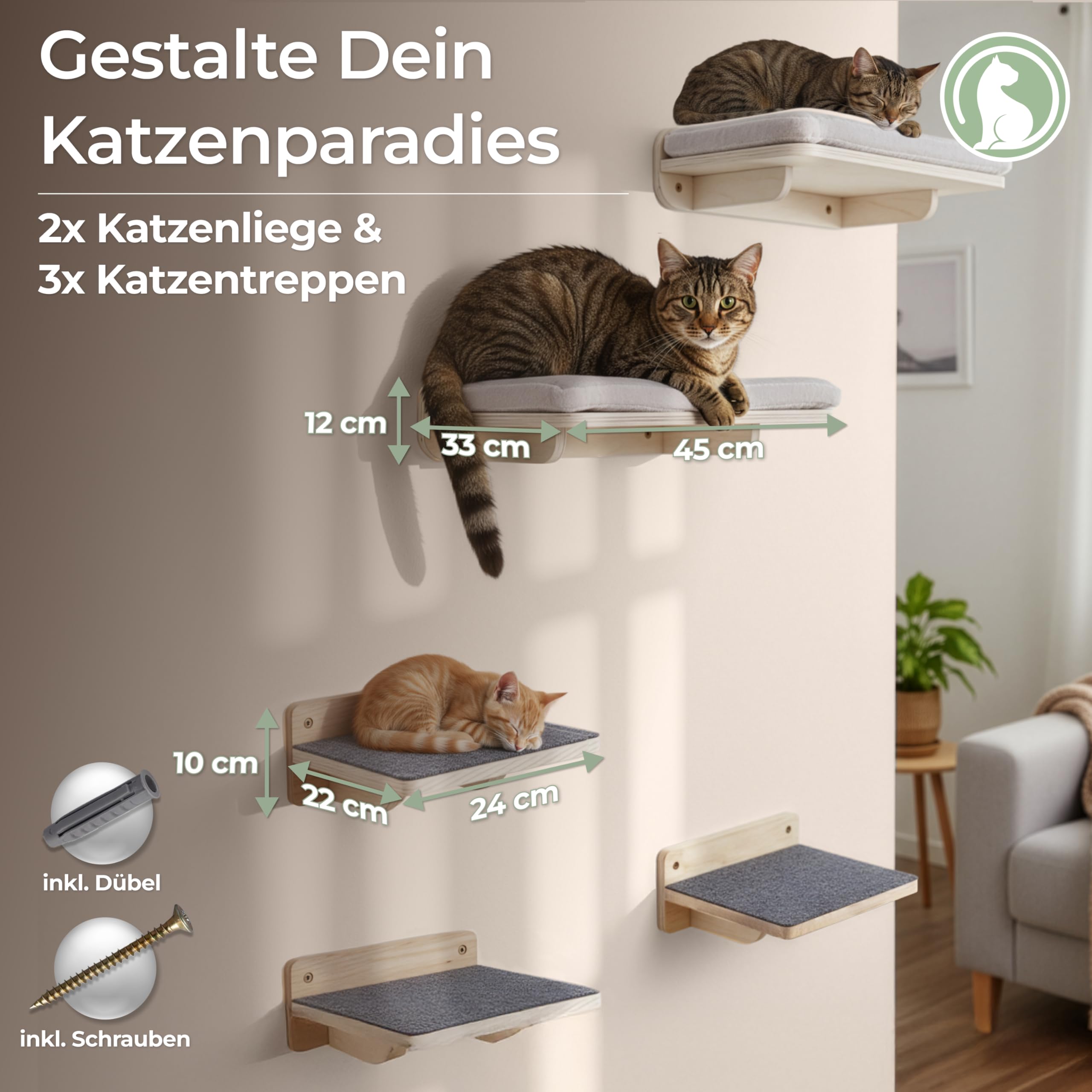 WOOWOOD® 2X Kletterwand Katzen - 3X Katzentreppe Wand [Beste Stabilität] - Kratzbaum Wand, Hängematte Katze, Wandkratzbaum, Katzenmöbel, Katzenwand, Katzen Kletterwand Set (5 teilig)