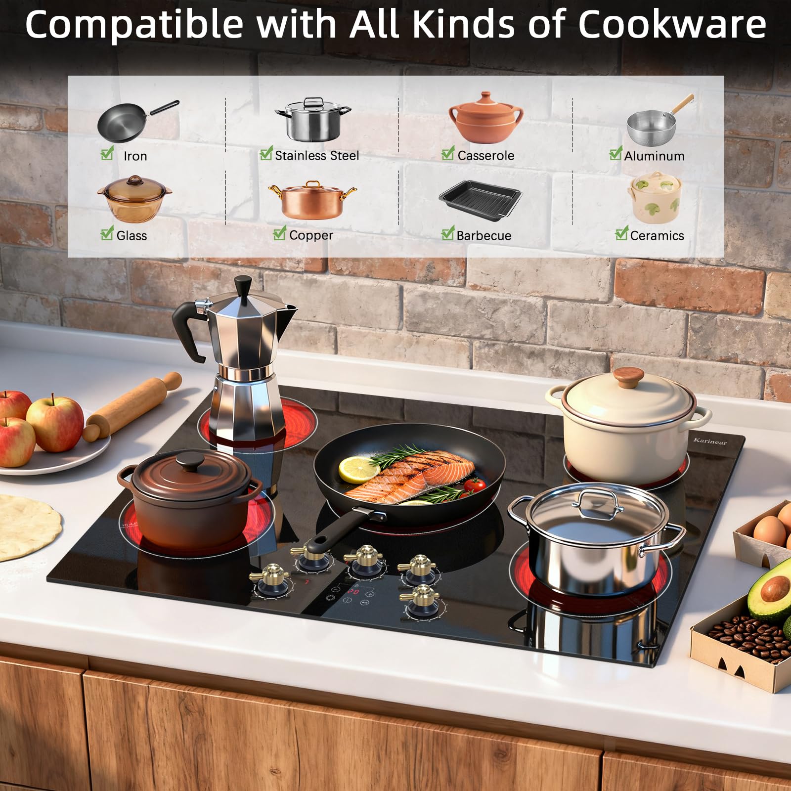 Karinear 30 Inch Electric Cooktop 4 Burners, Knob Control Built-in Ceramic Cooktop, 30" Radiant Electric Stove Top with Glass Protection Metal Frame,Fits Most Existing Cutouts, 220-240v, Hard Wire