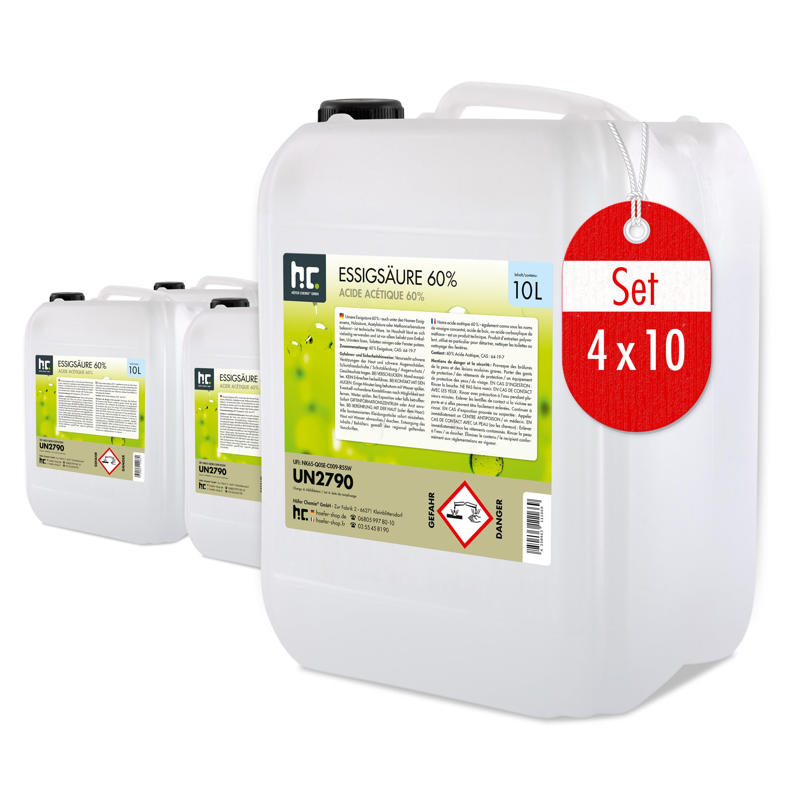 Höfer Chemie 2 x 10 L Essigsäure 60% - optimaler Reiniger und Entkalker - Premium Qualität Made in Germany - frisch abgefüllt im handlichen Kanister