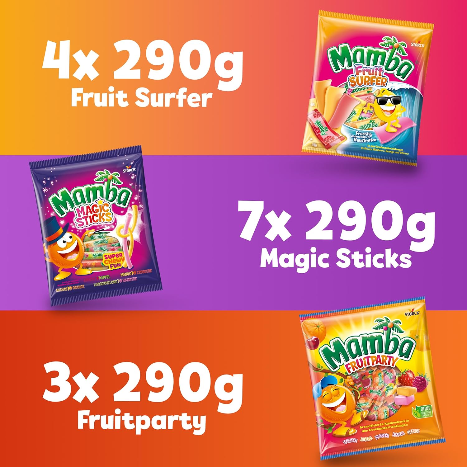 Mamba Beach Mix – 1 x 160g – Fruchtige Kaubonbons mit Mamba Beach Surfer, Mamba Beach Sticks & Mamba Beach Bites – Fruchtgummi Mix einzeln verpackt