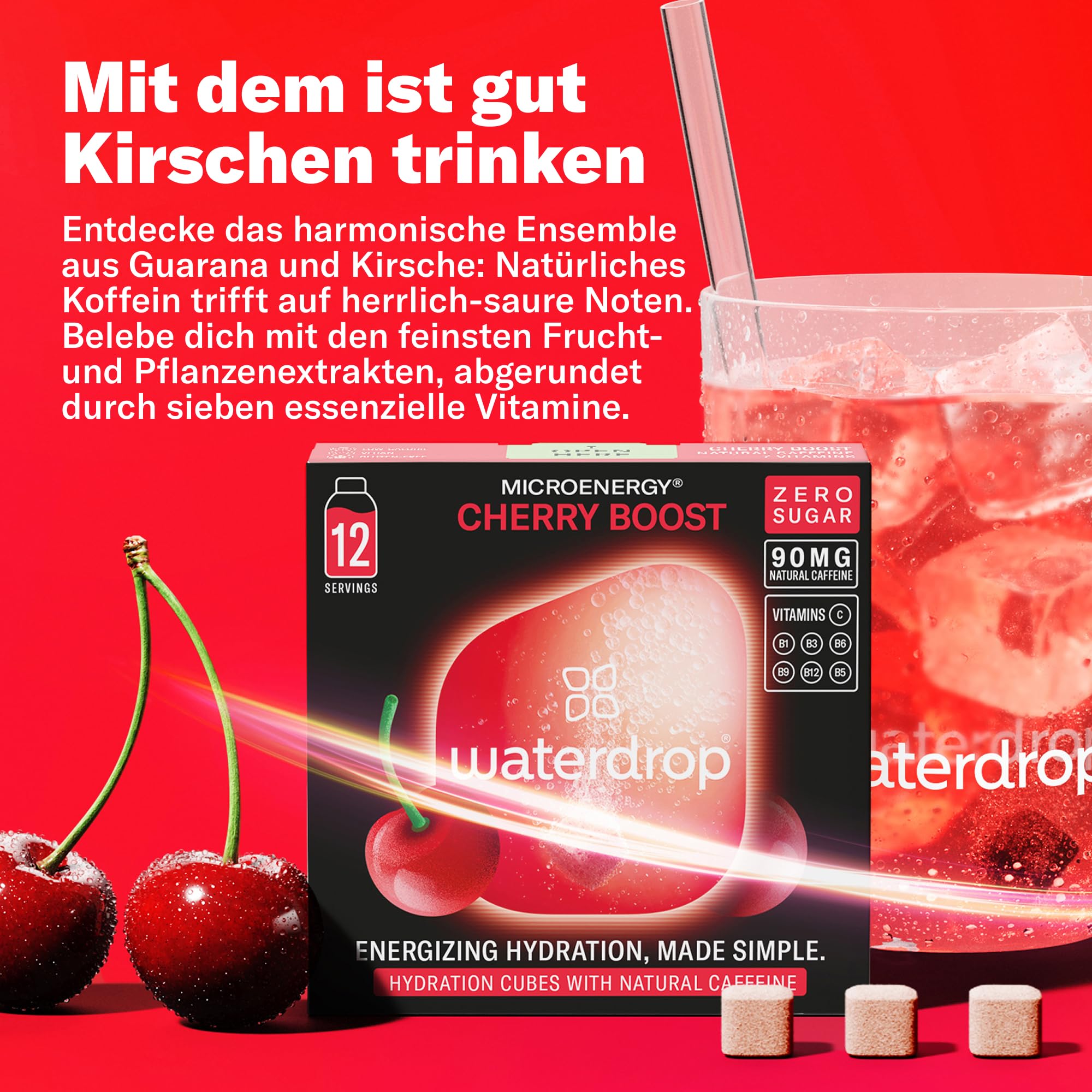 waterdrop® Microenergy Set, Energy Drink Pulver, 36 Würfel Getränkepulver, Mango, Kirsche & Brombeere Geschmack, Zuckerfrei & Kalorienarm, Mit 90 mg Natürlichem Koffein, Vitamin C & B – Flavour Drops