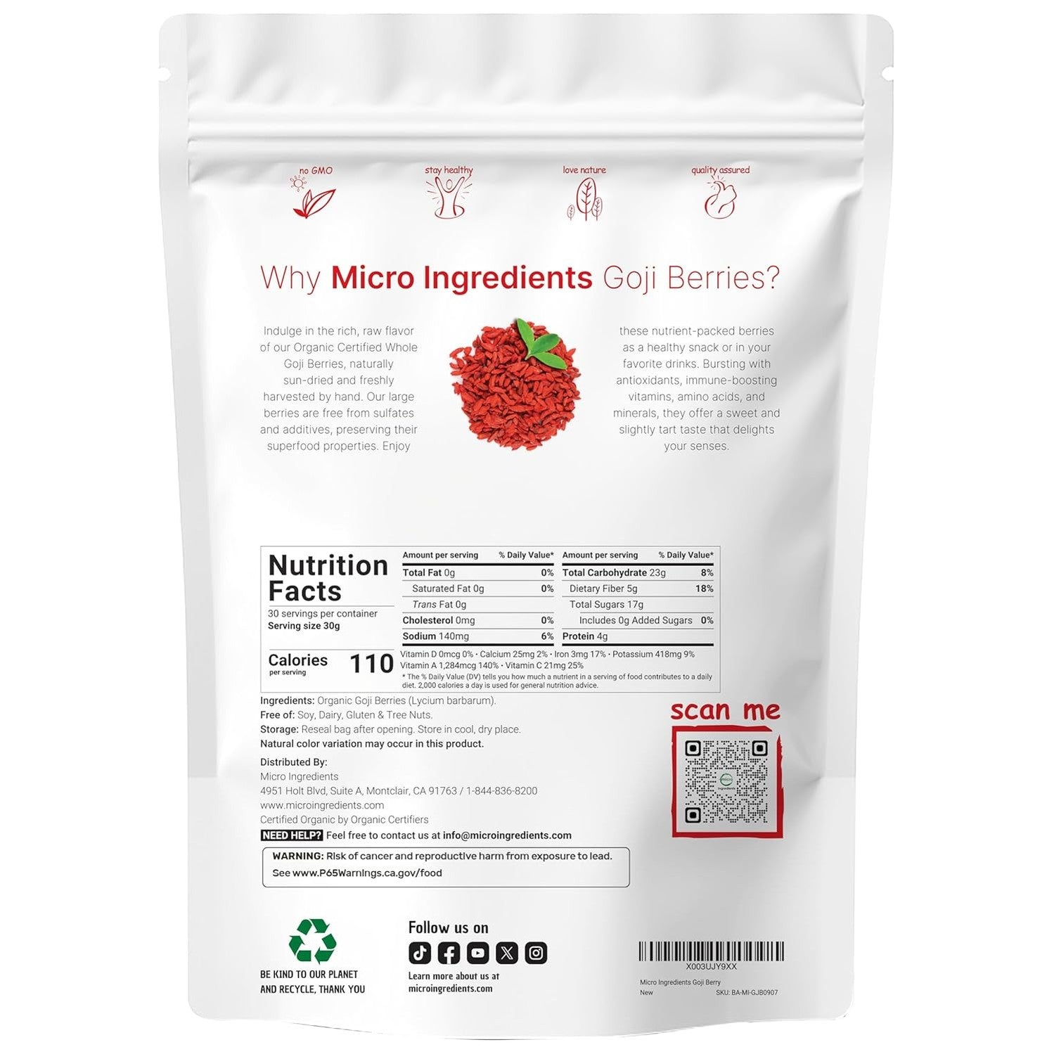 Micro Ingredients Organic Goji Berries 2lbs (32oz) | Large Whole Sun-Dried Berries | Raw Superfood Wolfberries | Natural Flavor for Trail Mix, Juice, & Tea | Sulfate Free, Vegan Friendly, Non-GMO