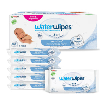 WaterWipes Sensitive+ Newborn & Baby Wipes, Feuchttücher für Neugeborene und Babys, 720 Stück (12 Packungen), 3-in-1-Reinigung, Pflege, Schutz, 99,9% Wasser, parfümfrei
