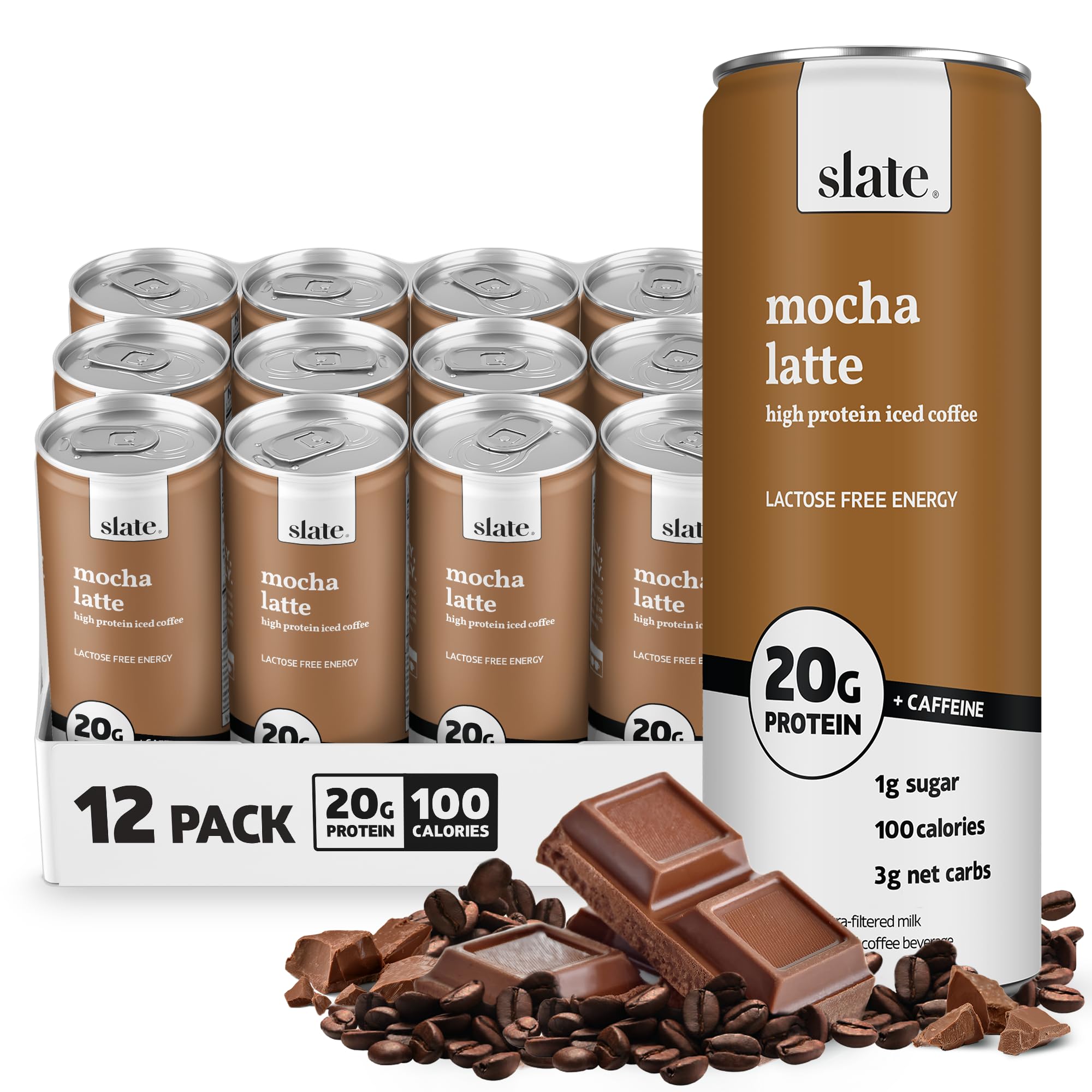 Slate Milk - High Protein Milkshake - French Vanilla - Lactose-Free, 20g Protein, 1g Sugar, 100 Calories, 1g Net Carbs, No Added Sugar - Natural, Breakfast Boost, Post Workout - 11 fl oz, 12 Cans