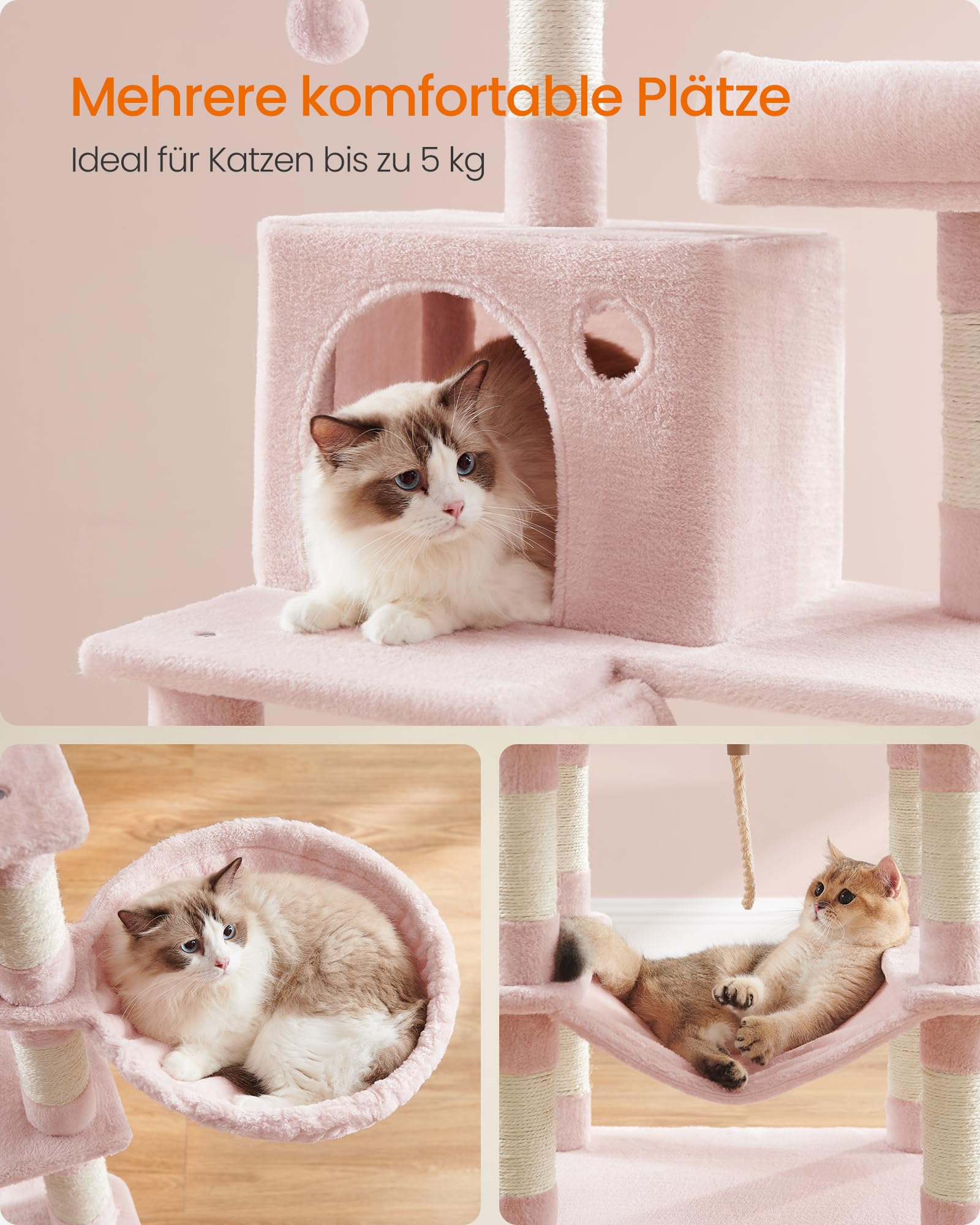 Feandrea Kratzbaum groß, 203,5 cm hoch, XXL Katzenbaum, mit 13 Kratzsäulen, 2 Plattformen, 2 Höhlen, Korb, Hängematte, Plüschbälle, mehrstöckiger Katzenkratzbaum, rauchgrau PCT190G01
