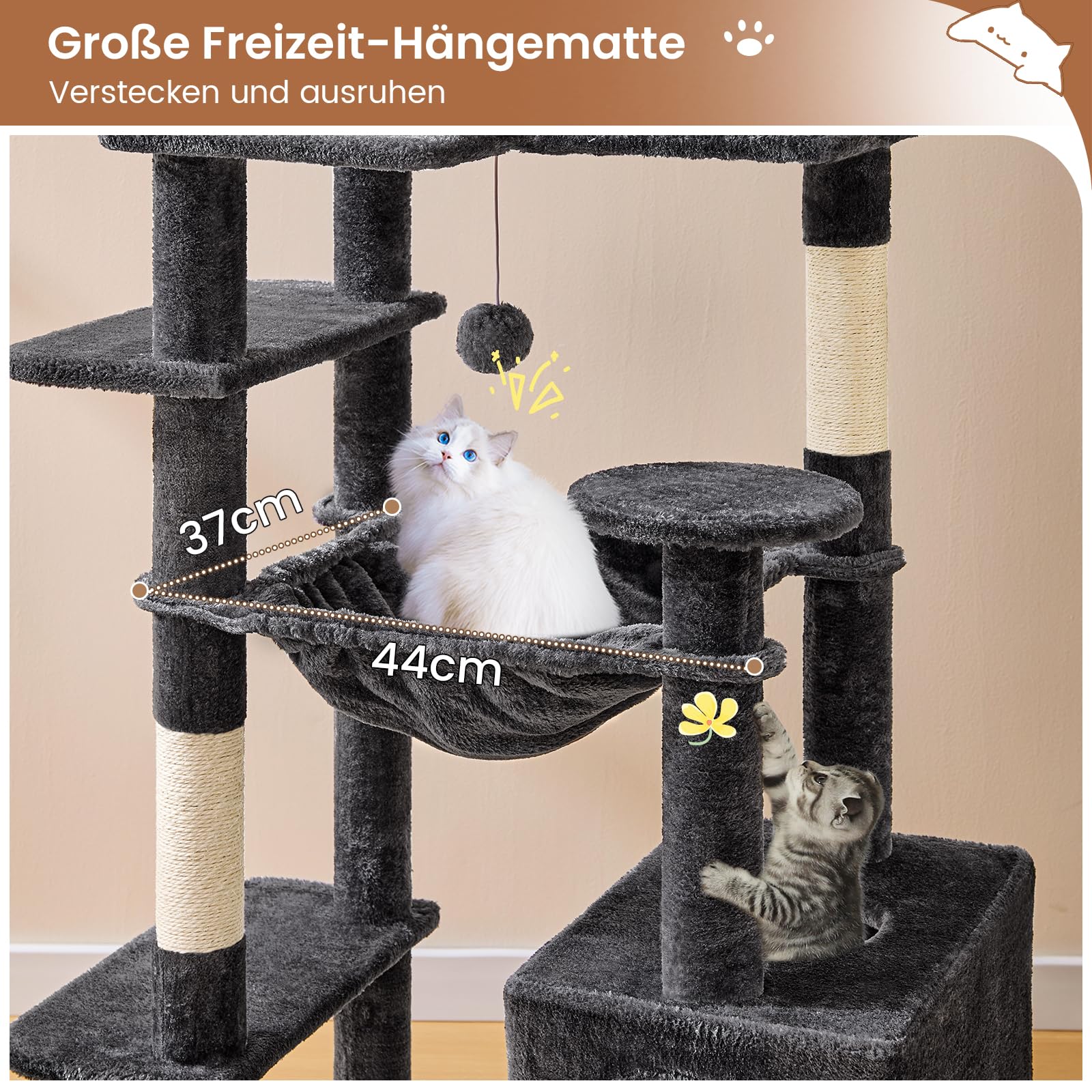 MSmask Kratzbaum groß, L Katzenbaum Stabil, Katzenkratzbaum mit 2 Plattformen, 2 Katzenhöhlen, Hängematte, Sisalsäulen, mehrstöckiger Kletterbaum für Katzen (Hellgrau, 160 cm)