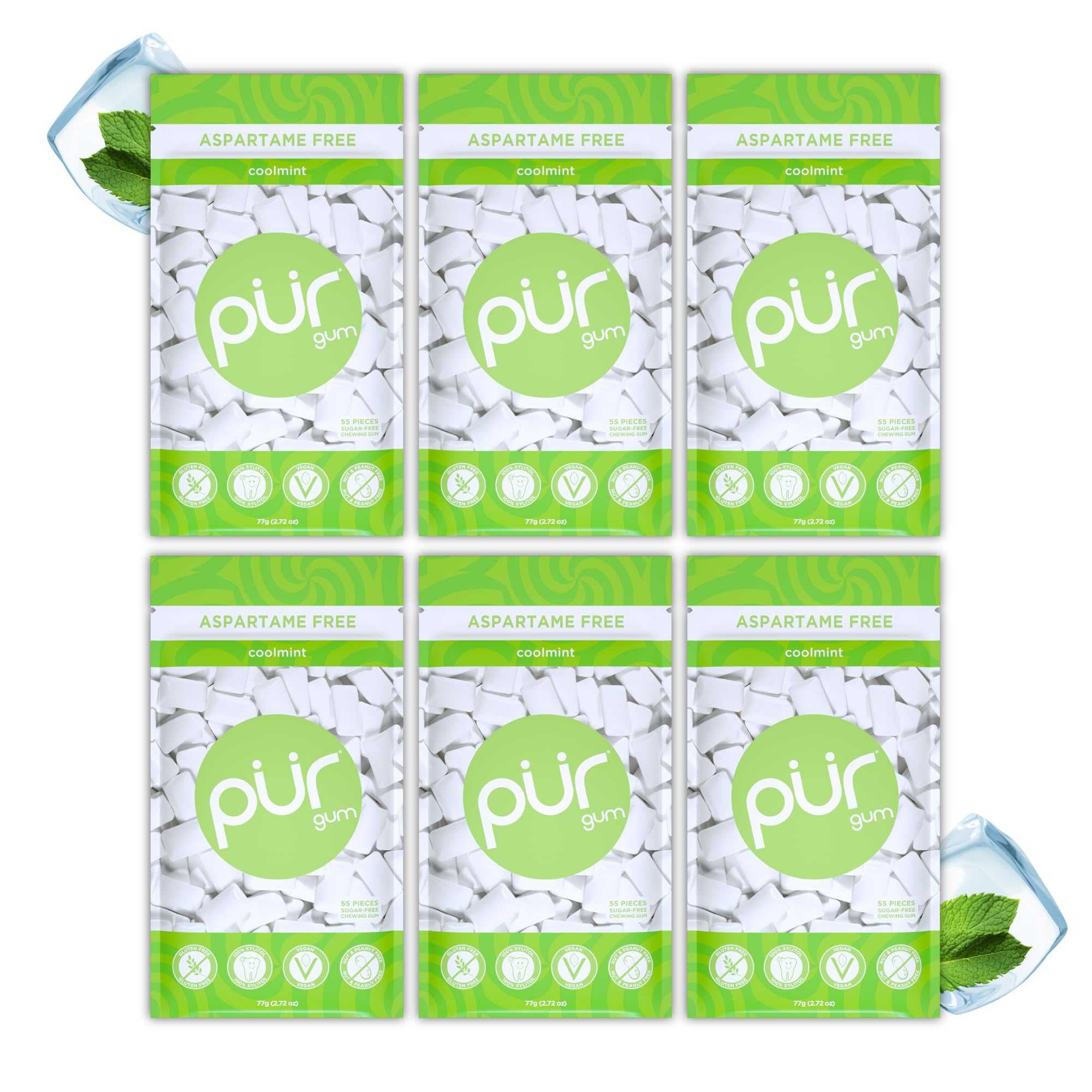 PUR Gum | Zuckerfreier Kaugummi | Mit Xylit | Vegan, Aspartamfrei & Glutenfrei | Natürlicher Kaugummi Mit Spearmint-Geschmack, 55 Stück (3er Pack)