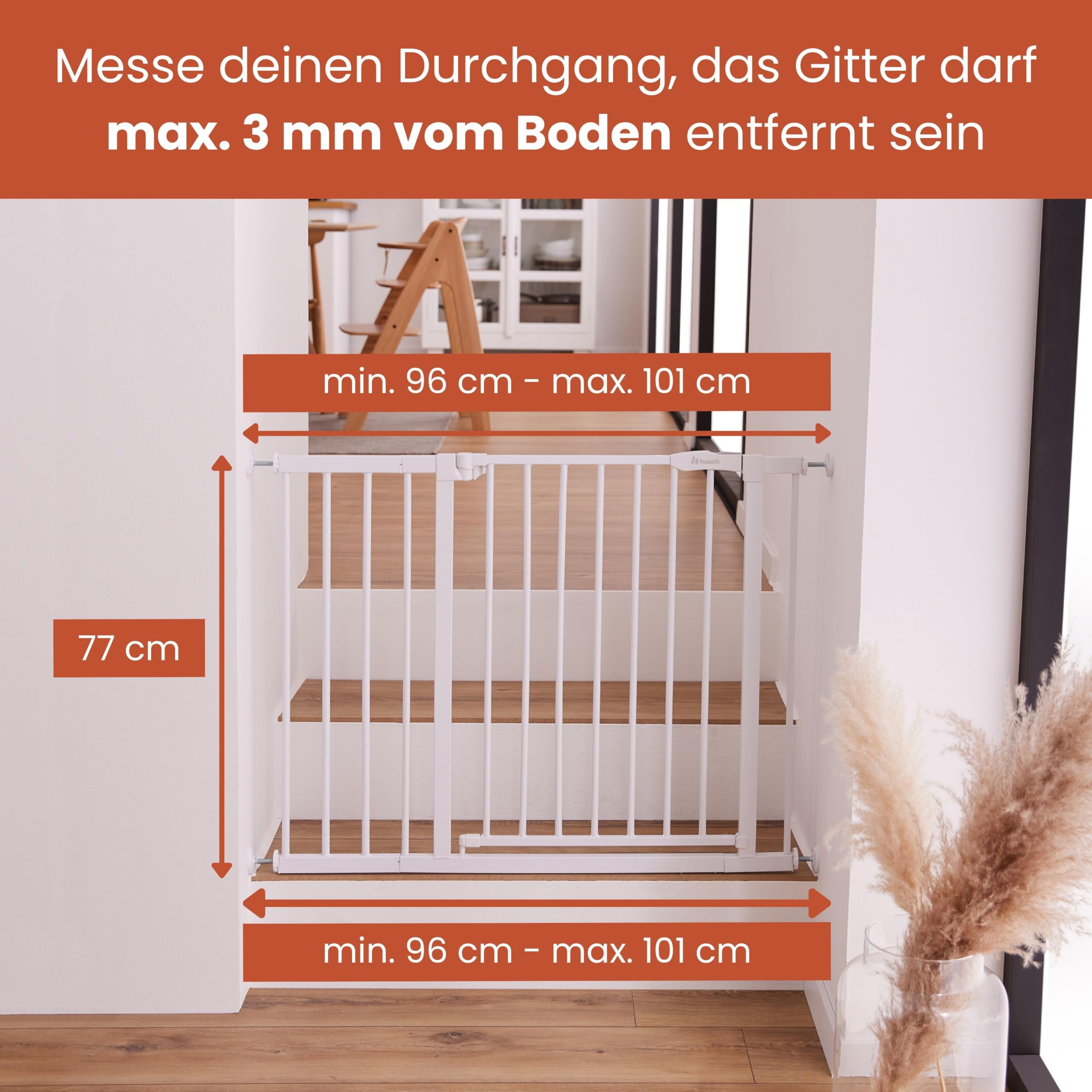 hauck Open N Stop 2 + 21 cm Verlängerung, Weiß - Kinderschutzgitter Hundegitter, Verstellbare Breite 96-101 cm, 77 cm Hoch, Beidseitige Einhand Öffnung, ohne Bohren, für Innen