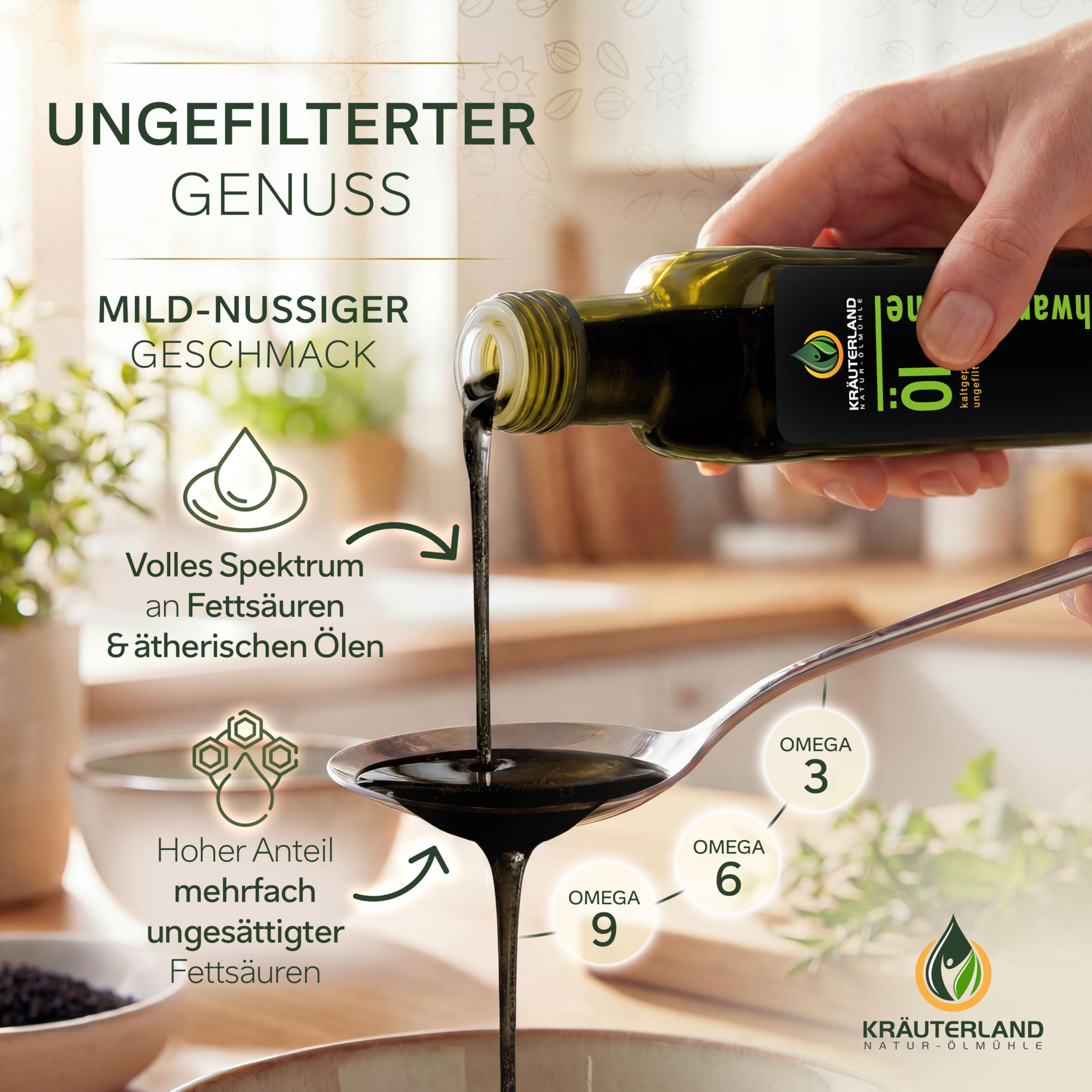 Kräuterland Schwarzkümmelöl 500ml, kaltgepresst & ungefiltert, hoher Thymochinon‑Anteil, ägyptische Samen, mühlenfrisch, 100 % Nigella sativa, naturrein ohne Zusatzstoffe, lichtgeschützten Glas