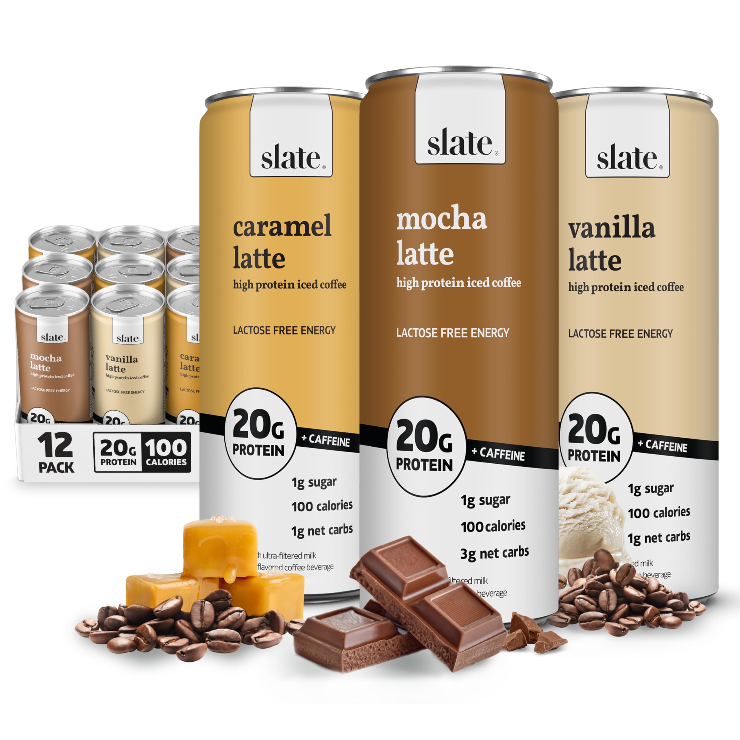 Slate Milk - High Protein Milkshake - French Vanilla - Lactose-Free, 20g Protein, 1g Sugar, 100 Calories, 1g Net Carbs, No Added Sugar - Natural, Breakfast Boost, Post Workout - 11 fl oz, 12 Cans