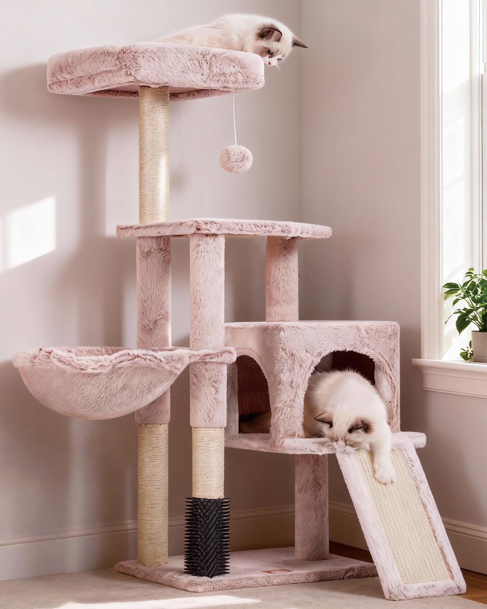 Heybly Kratzbaum mit Katzenbürste, Katzenbaum für Hauskatzen mit Gepolsterter Sitzstange aus Plüsch, Katzenkratzbaum mit Korb, Kratzbrett und Kratzbaum, Hellgrau HCT005SW