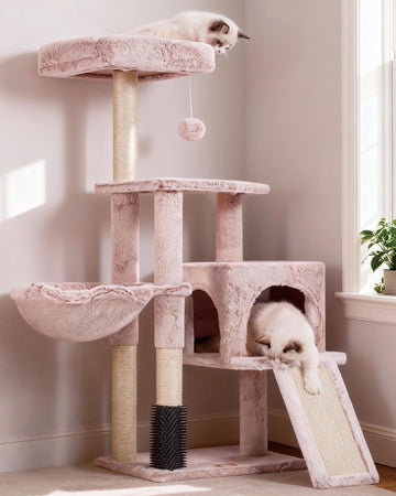 Heybly Kratzbaum mit Katzenbürste, Katzenbaum für Hauskatzen mit Gepolsterter Sitzstange aus Plüsch, Katzenkratzbaum mit Korb, Kratzbrett und Kratzbaum, Hellgrau HCT005SW