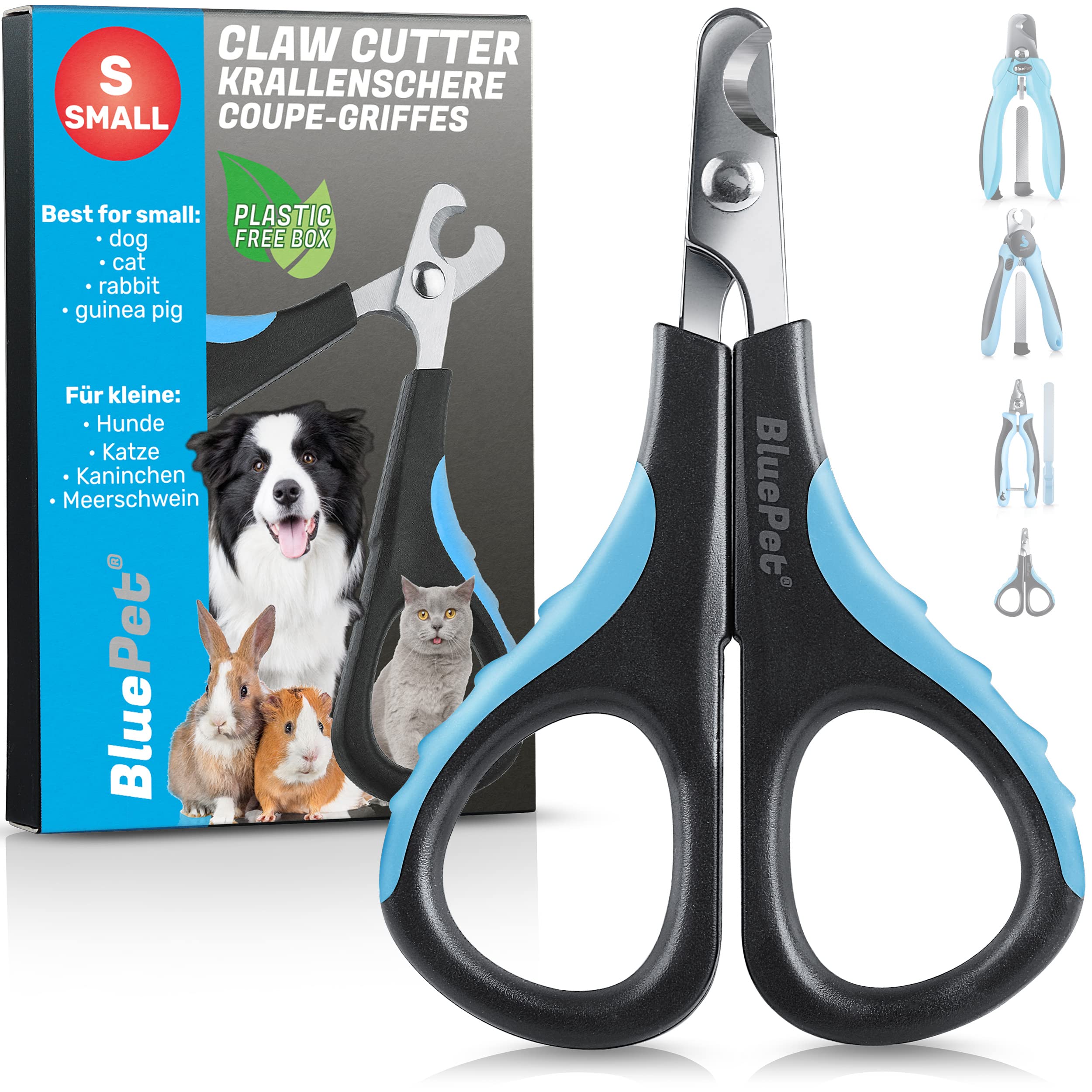 BluePet Krallenschere mit Schutz für Hunde & Katzen I Einsteigerfreundlich I Krallenzange für kleine & große Krallen + Krallenfeile im Griff - Alternative zu Nagelschere & Krallenschleifer