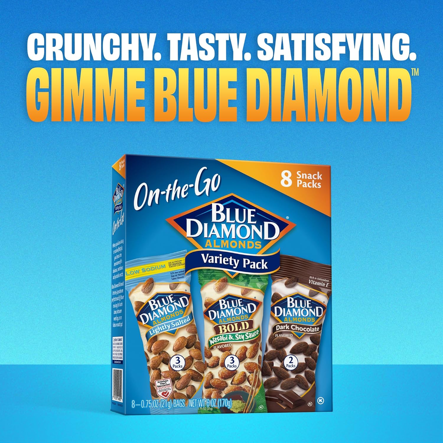 Blue Diamond Almonds Snack Nut Variety Pack for Kids, Office, School, On-the-go, 0.75 oz Gluten Free Individual Packs, Wasabi & Soy Sauce, Lightly Salted, and Smokehouse (Pack of 1, 24 Count Total)