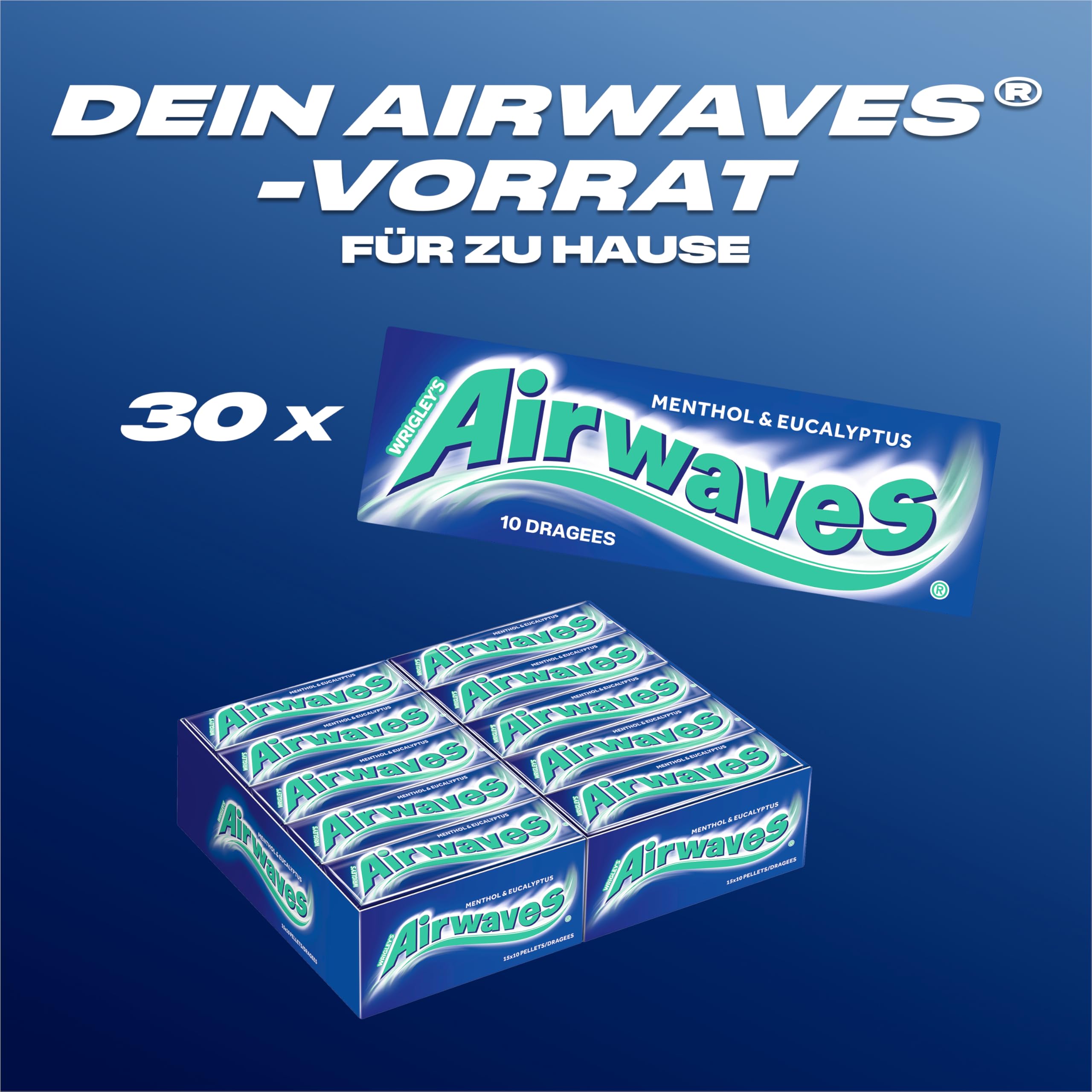 Airwaves Kaugummi Zuckerfrei, Strong, 30 x 10 Dragees, Großpackung Chewing Gum, Mit Natürlichem Menthol, Kaugummi ohne Zucker mit Minz Frische (300 Dragees)