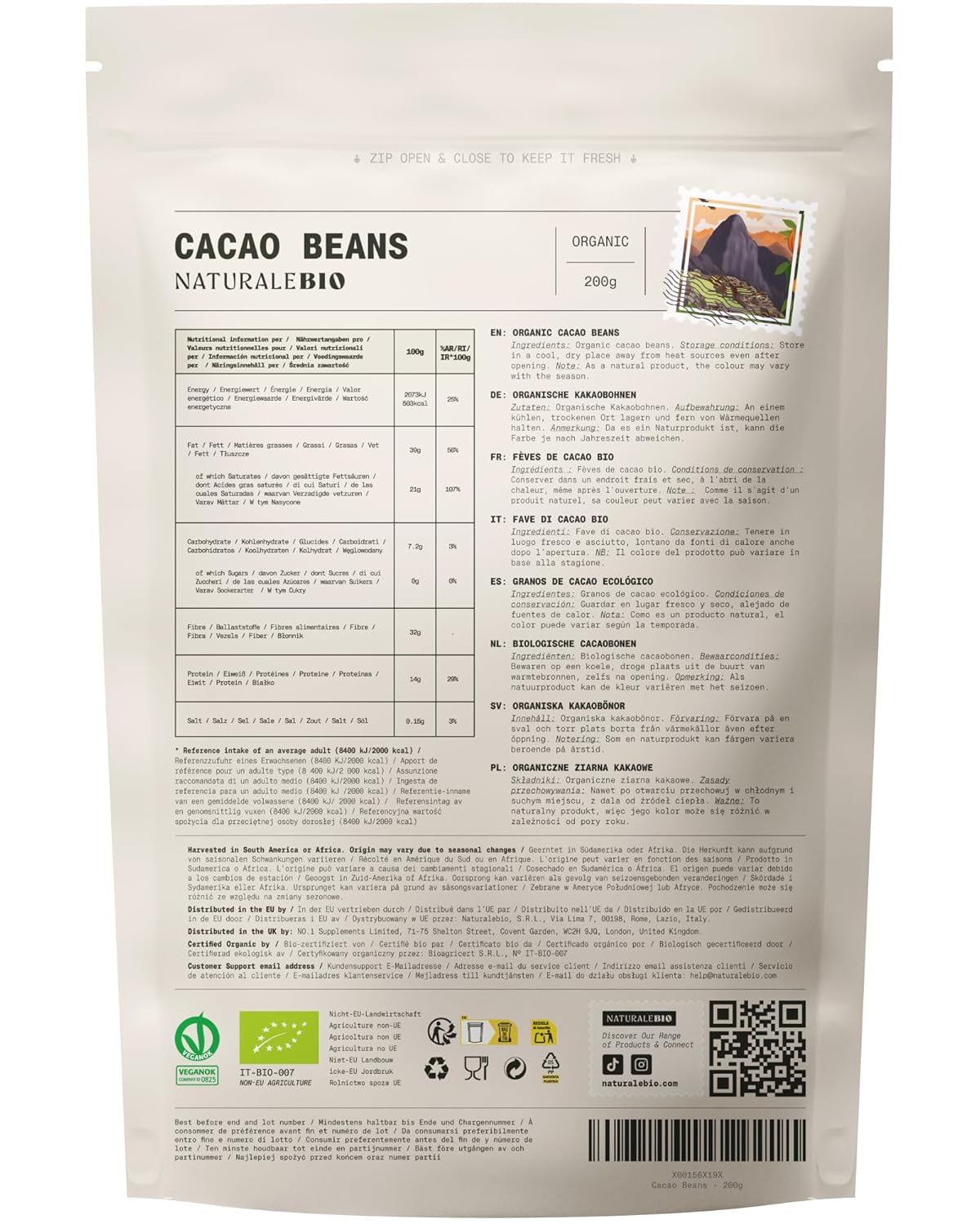NaturaleBio Kakao Pulver Bio 1kg. Organic Cacao Pulver, Roh & Ungesüßt, Ideal für Getränke, Smoothies & Backen, Reich an Magnesium & Phosphor, Geprüft auf Schwermetalle