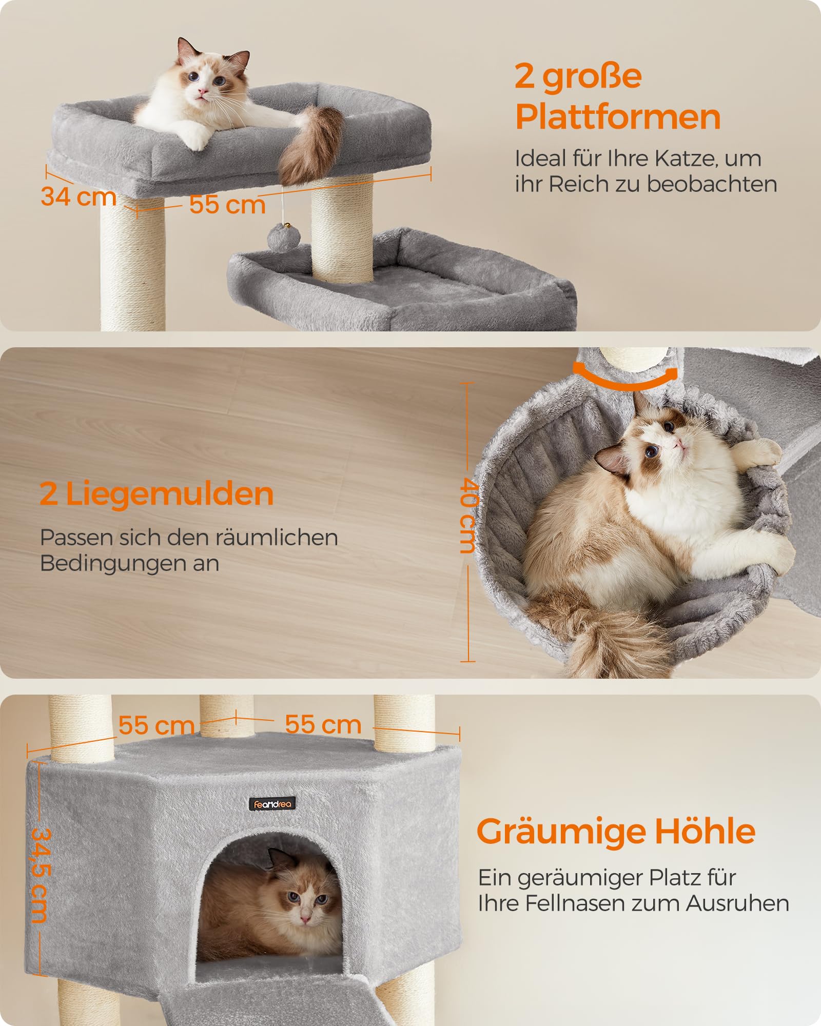Feandrea Kratzbaum groß, mehrstöckiger Katzenbaum, XXL, 55 x 55 x 186,7 cm, 11 cm d Dicke Sisalstämme, für große Katzen wie Maine-Coon-Katze, Katzenkratzbaum, Taubengrau-tintenschwarz PCT008G02