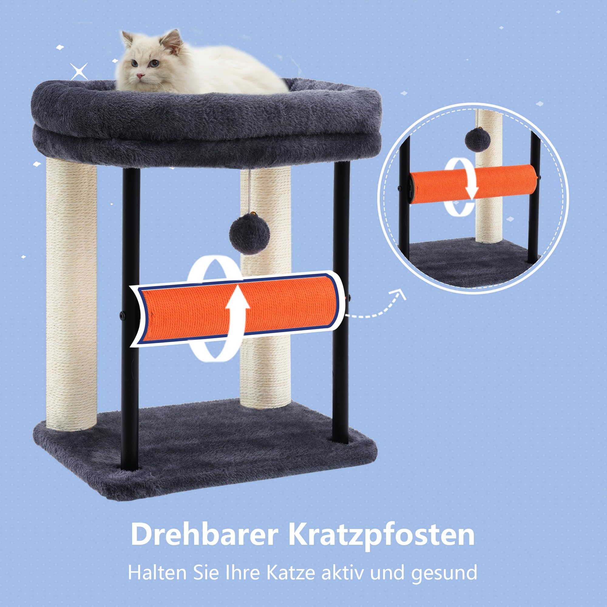 Hey-brother Kratzbaum, 50 cm klein Katzenbaum für Kätzchen, Kratzpfosten mit drehbarer Sisalsäule, geräumiger Plüschplattform, Vollständig sisalumwickelte Säule und Spielbällen, Hellgrau EMPJ010SW