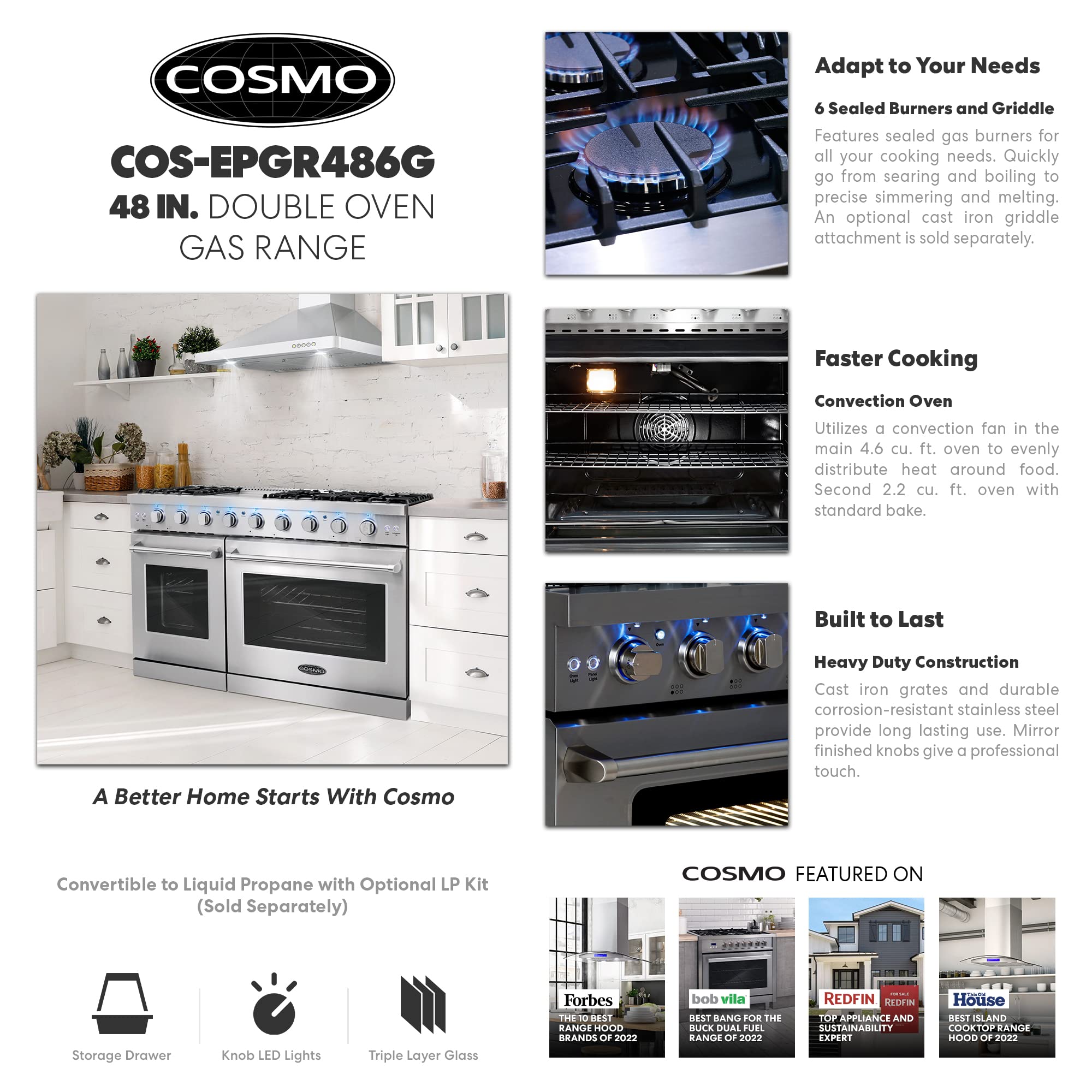 COSMO COS-EPGR366 36 in. Haven Collection 6.0 cu. ft. Gas Range, 6 Burners, Convection Oven, Knob LEDs, Storage Drawer, Stainless Steel