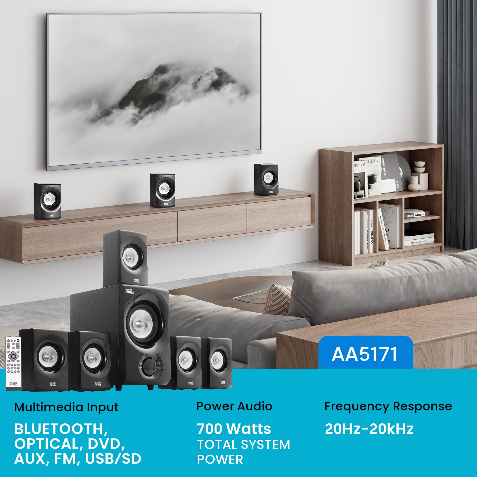 Acoustic Audio AA5170 Home Theater 5.1 Bluetooth Speaker System 700W with Powered Sub