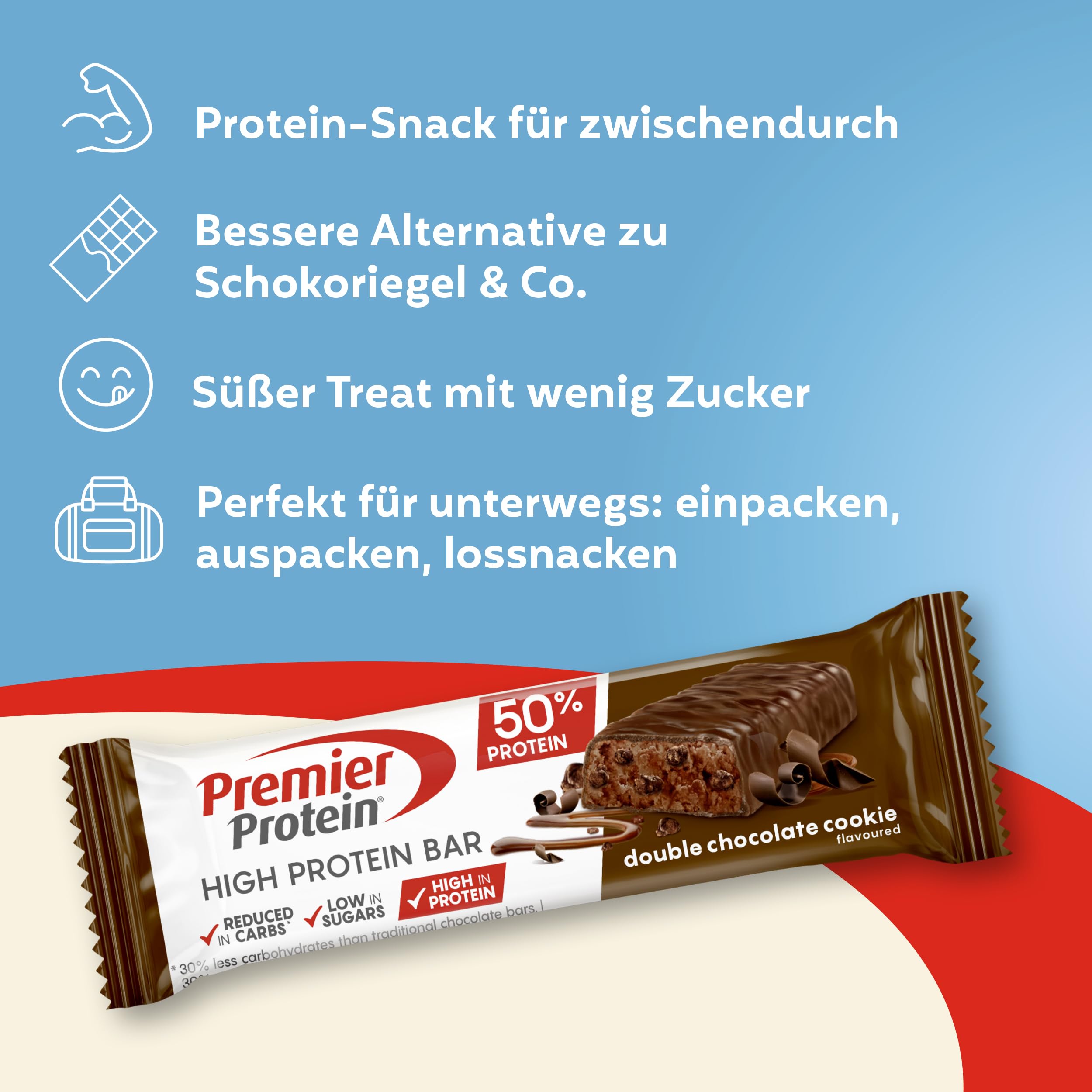 Premier Protein - High Protein Bar 50% - Double Chocolate Cookie - 16x40g - Zuckerarm - Kohlenhydratarm - palmölfrei