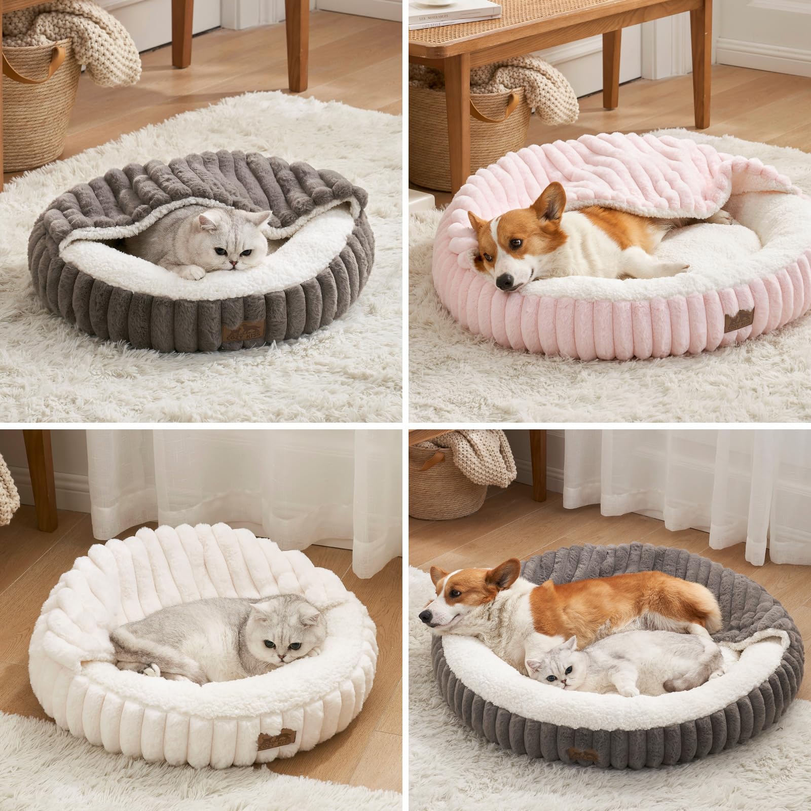 COZY KISS Katzenbett mit Decke 50x50x15cm - Flauschige Kleine Katzenhöhle - Kissen, Runde kleine Hundebett mit Rutschfester Unterseite, Katzensofa mit Kopfstütze aus Kunstfell, Waschbares, Creme