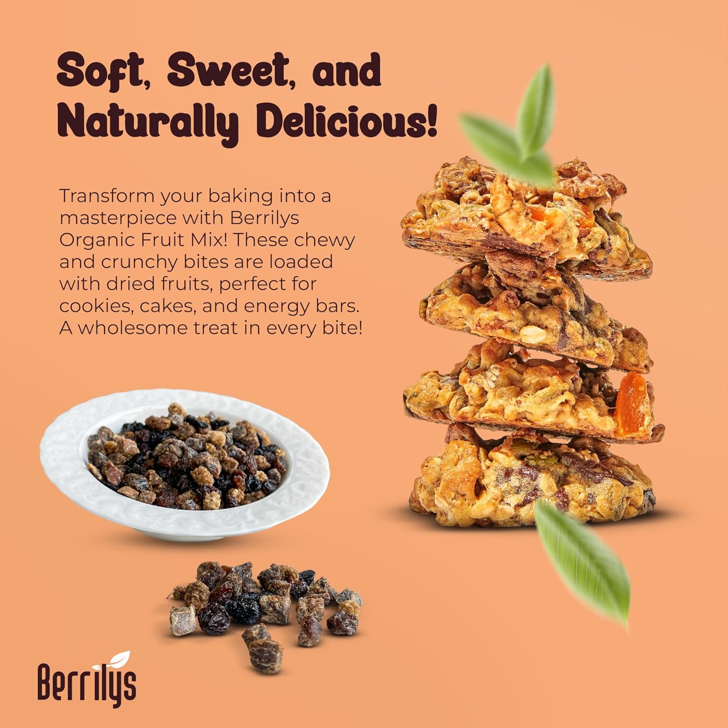 Berrily's Dried Fruit Mix, 2 Lbs, Organic, Diced Figs, Diced Apricots, White Mulberries, Sultanas, Sour Cherries, No Sugar Added, Trail Mix for Baking and Snacking