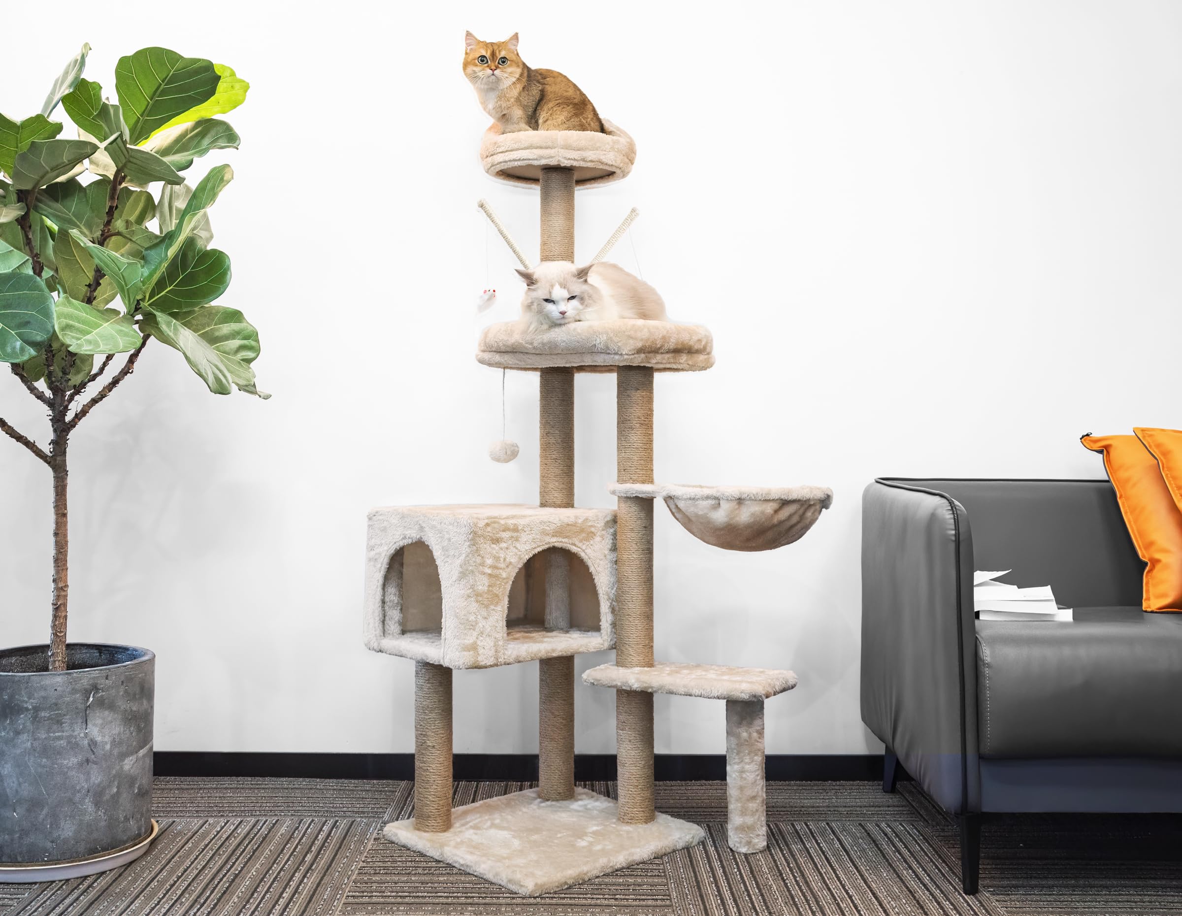 HOMIDEC Katzen Kratzbaum, 145 cm Katzenbaum Kletterturm, Kletterbaum Aktivitätskratzbäum mit Säulen vollständig mit Sisal umwickelt, Katzenspielzeug, Höhle, Plattformen, Liegemulde, Hellgrau