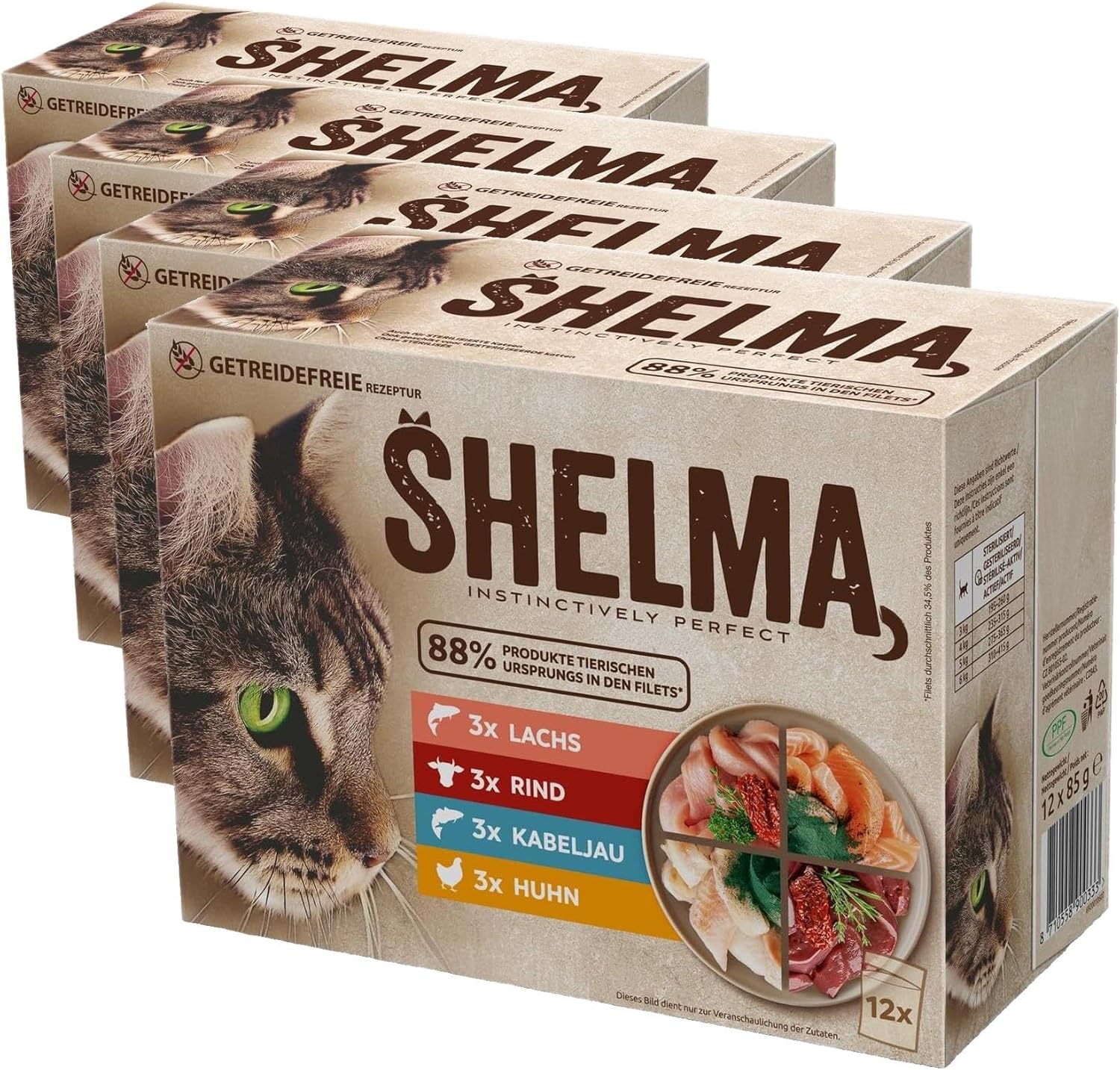 Shelma Katzen-Nassfutter Fleisch Megapack mit den Sorten Rind, Truthahn, Huhn und Ente – Getreidefreies Alleinfuttermittel mit hohem Fleischanteil – 40 x 85 g (3,4 kg)