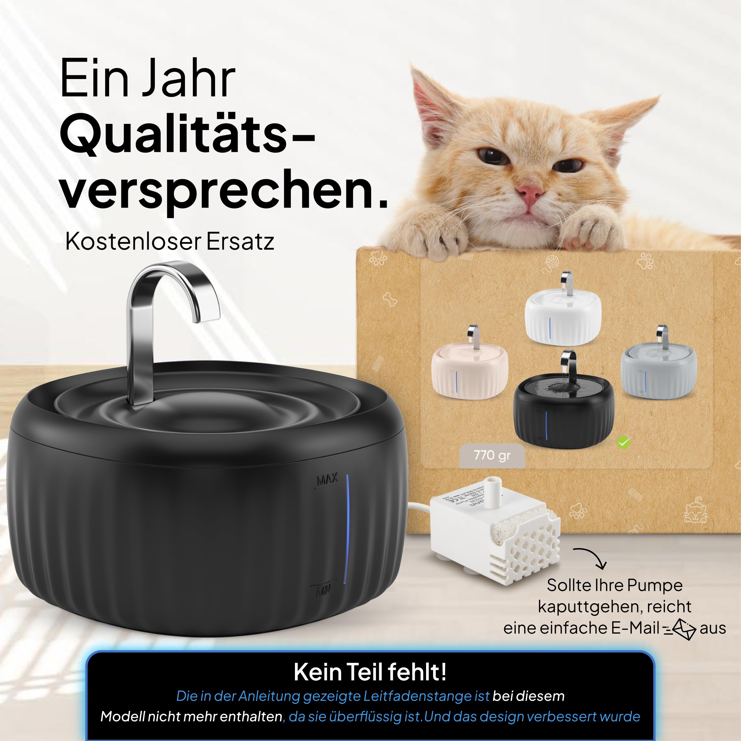 PrettyPaw Katzenbrunnen - Super leiser, BPA-freier 3L Trinkbrunnen für Katze mit LED und Aktivkohlefilter - Leicht zu reinigender Katzen Trinkbrunnen - Aqua Flow (Schwarz)