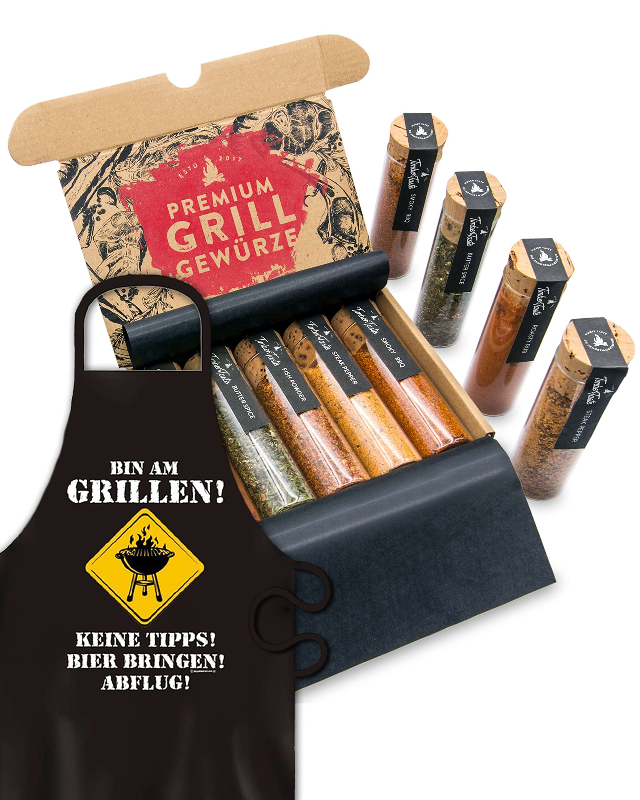 TIMBER TASTE® Grillgewürze Geschenkset - 5 premium BBQ Gewürze Rubs & Marinaden in edler Geschenkbox | Geschenke für Männer | Vatertag Geschenk | Gewürze Geschenkset ideal zum Grillen Geschenk Set