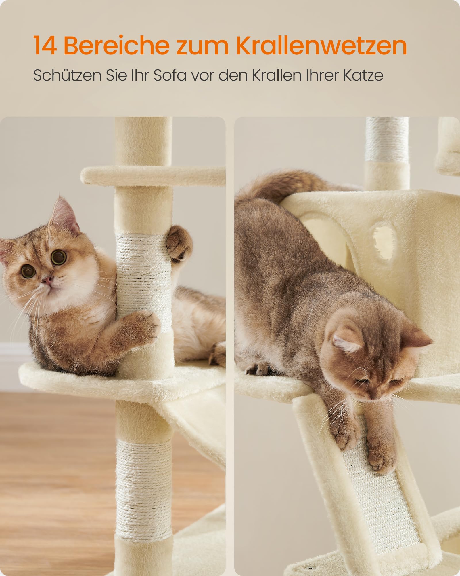 Feandrea Kratzbaum groß, 203,5 cm hoch, XXL Katzenbaum, mit 13 Kratzsäulen, 2 Plattformen, 2 Höhlen, Korb, Hängematte, Plüschbälle, mehrstöckiger Katzenkratzbaum, rauchgrau PCT190G01