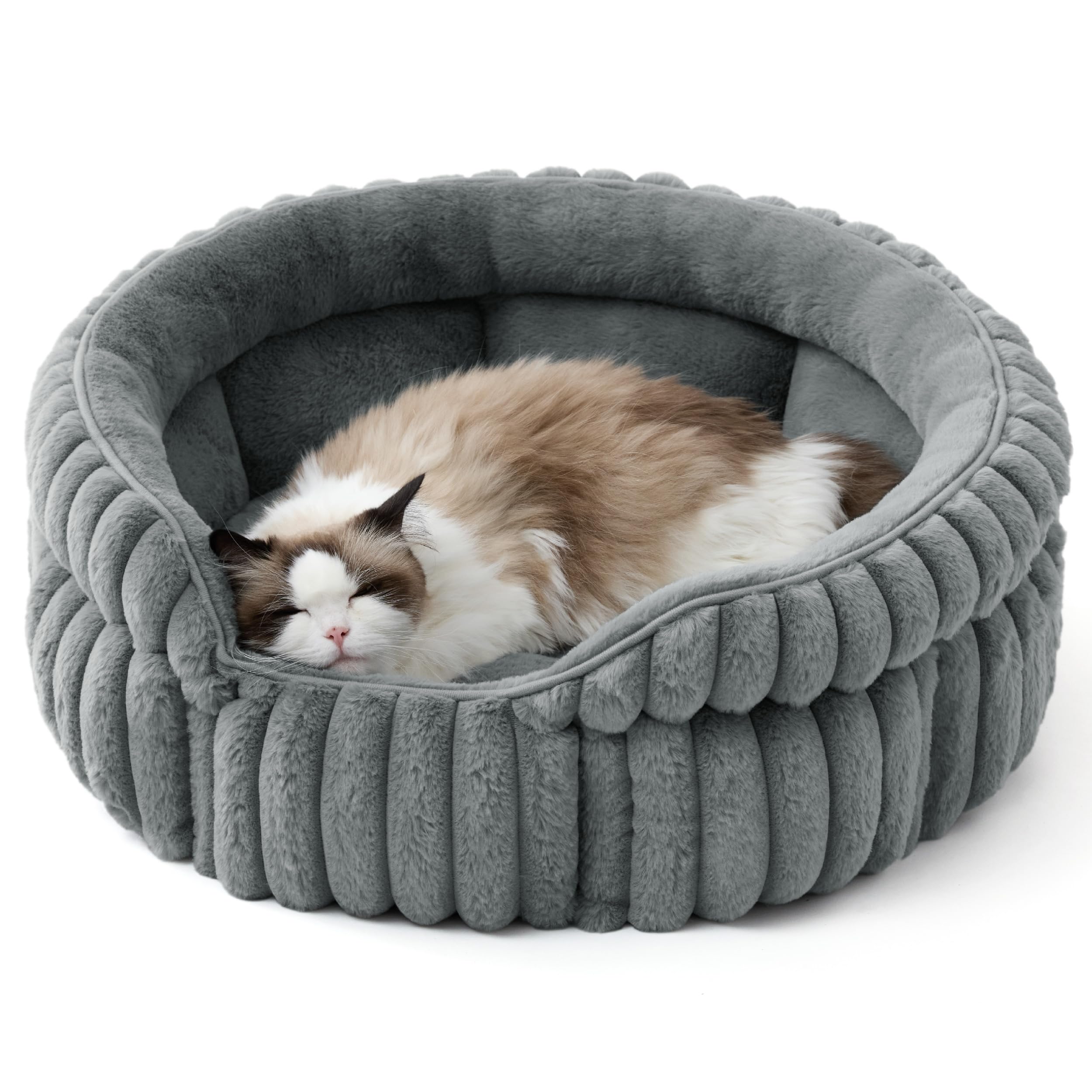 BEDSURE Flauschiges Katzenbett für Wohnungskatzen - 51 x 51 cm kleines rundes Katzenbett, waschbares Katzenbett für Kätzchen und Welpen mit Rutschfester Unterseite und abnehmbarem Kissen, grau